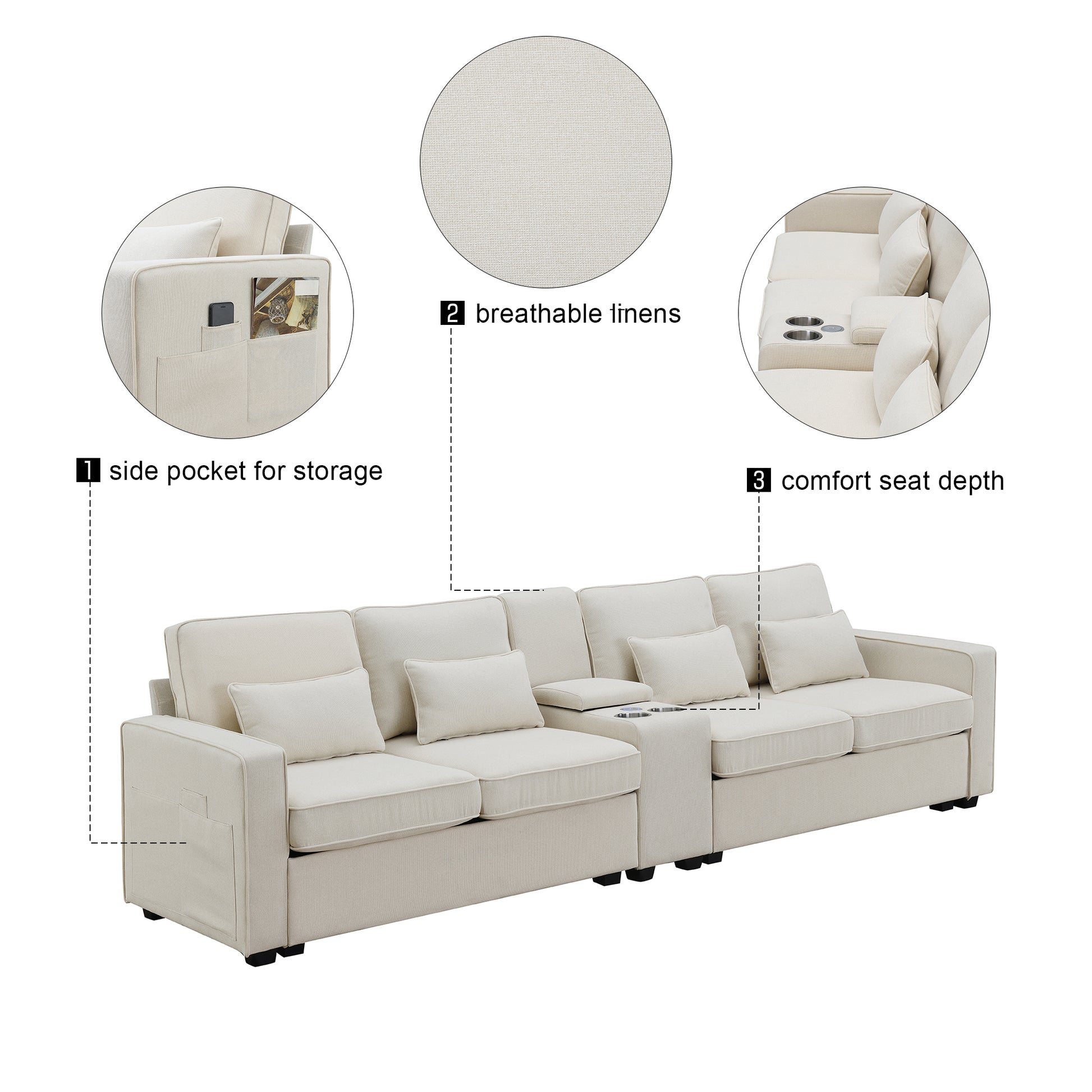 Cream sectional sofa with side storage pockets cup holders and deep comfortable seating