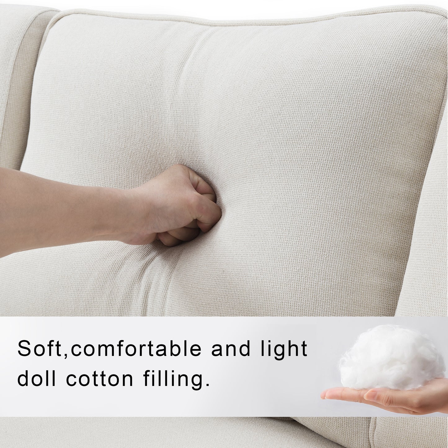 Closeup of a hand pressing into a soft beige textured couch cushion showcasing doll cotton filling