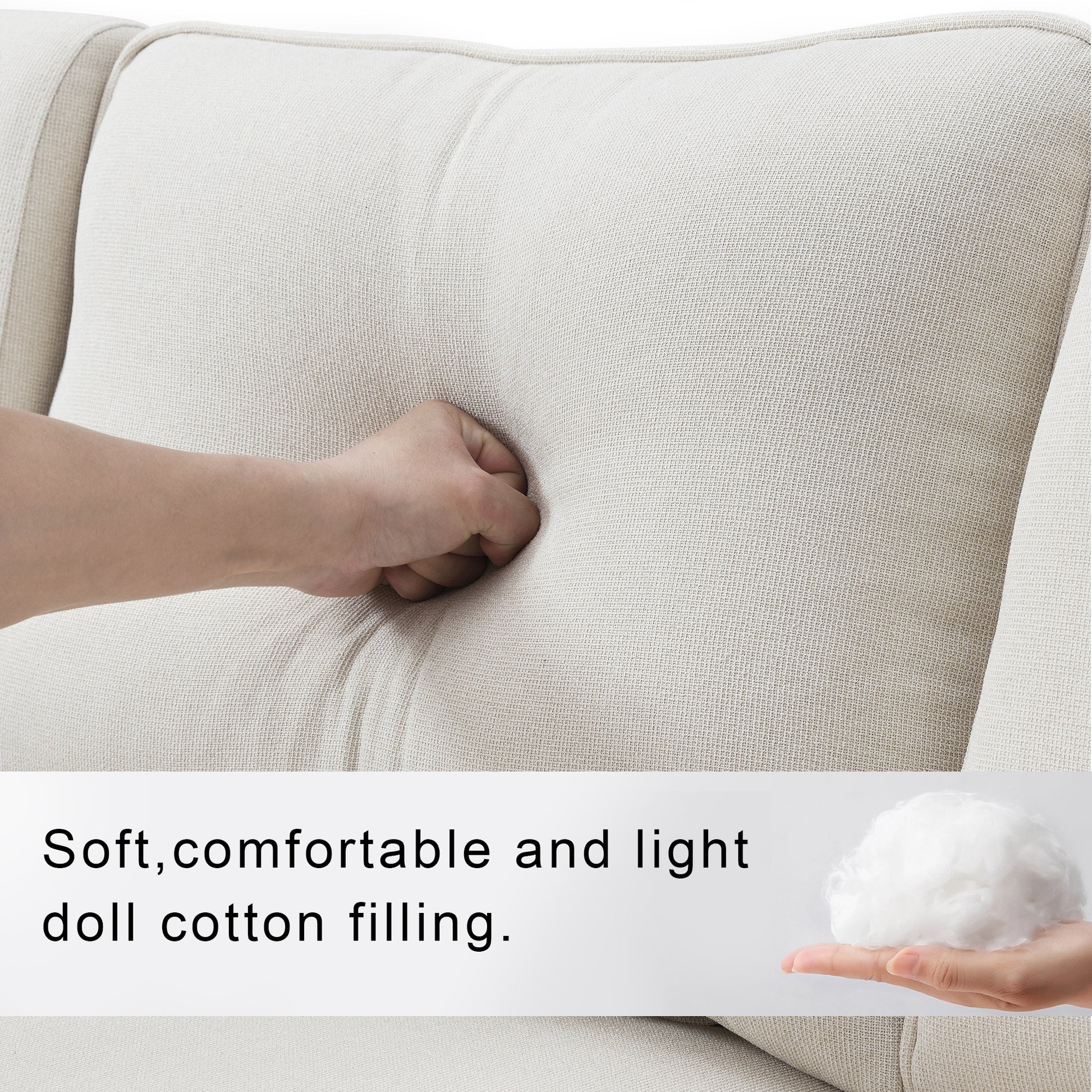 Closeup of a hand pressing into a soft beige textured couch cushion showcasing doll cotton filling