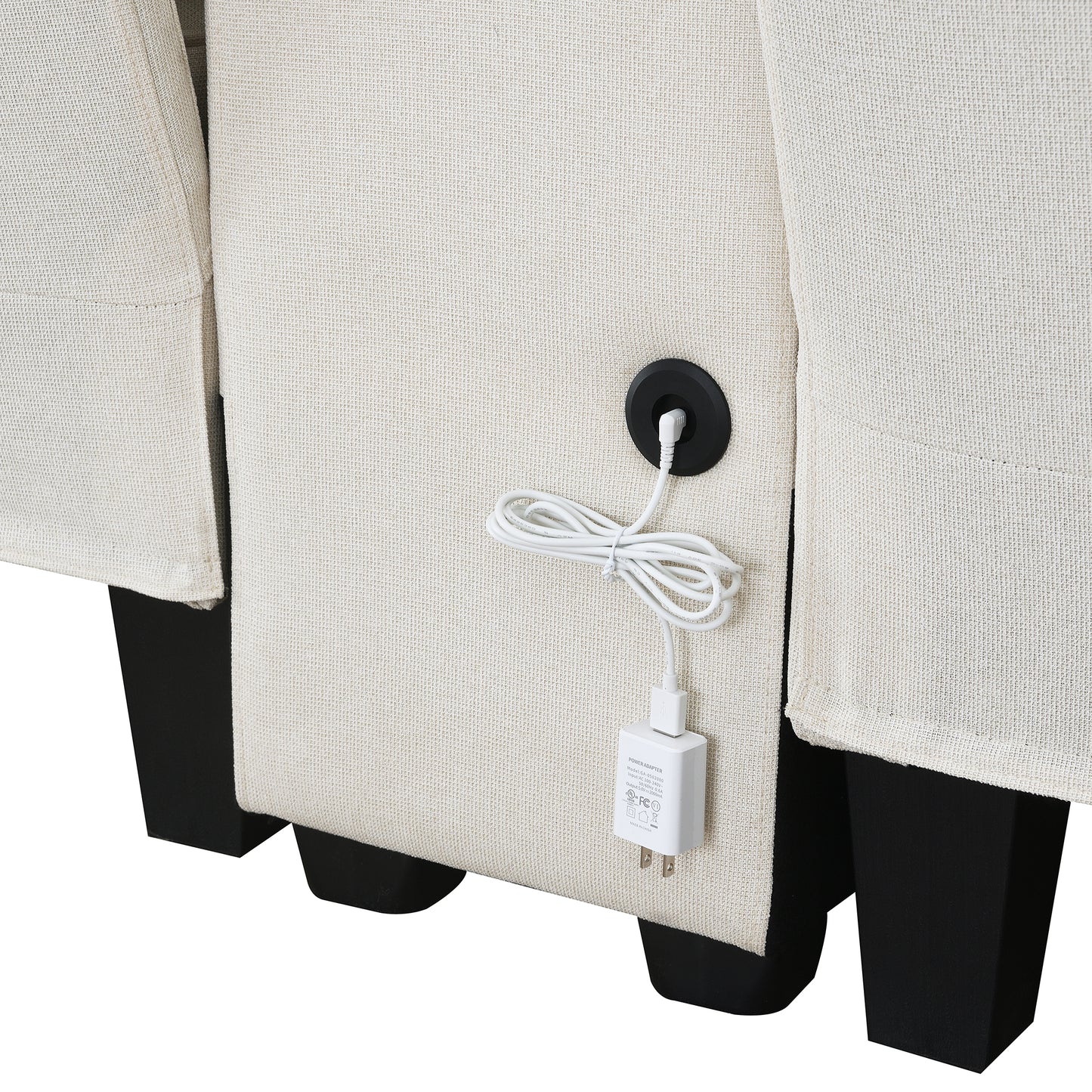 Cream fabric recliner with integrated USB charging port and adapter