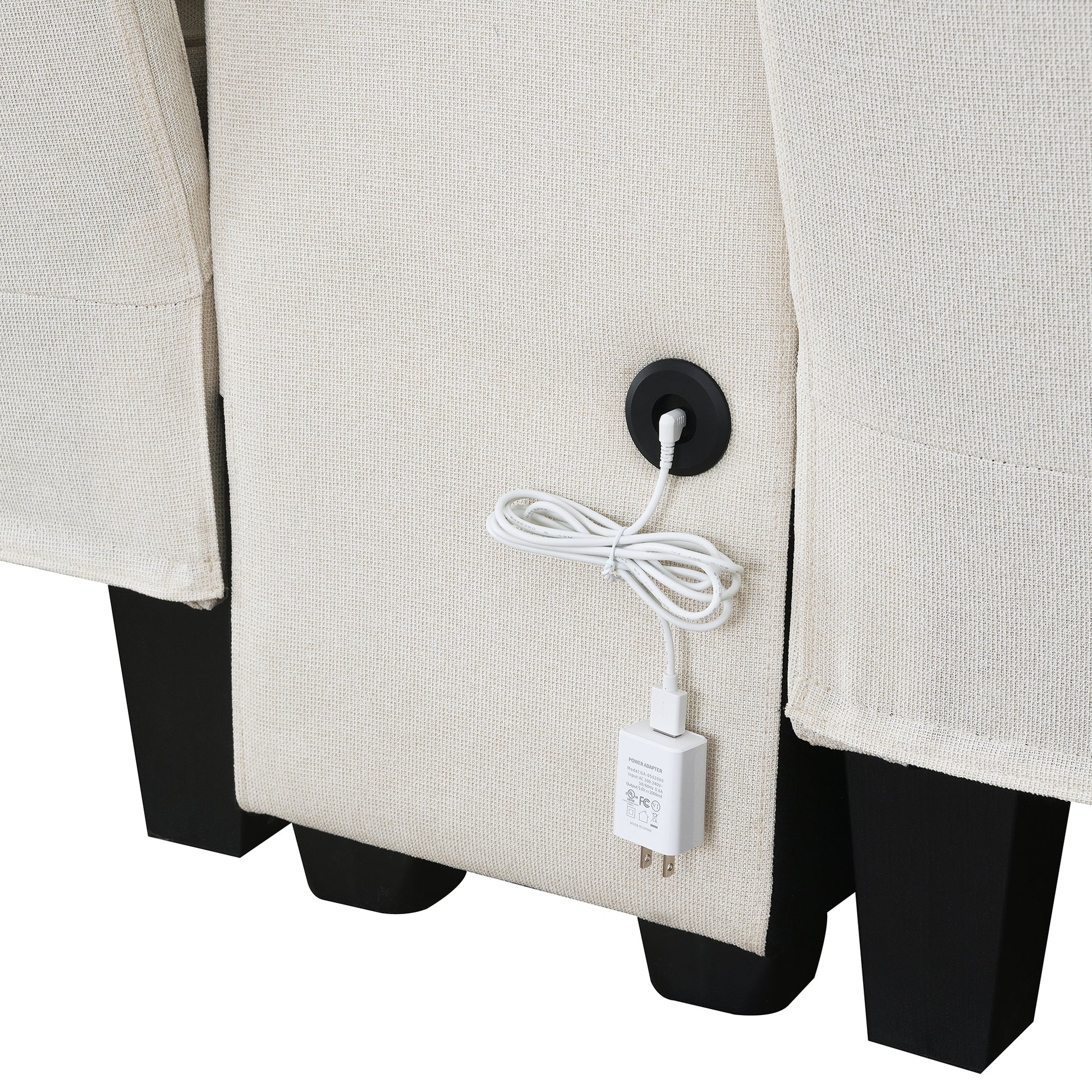 Cream fabric recliner with integrated USB charging port and adapter