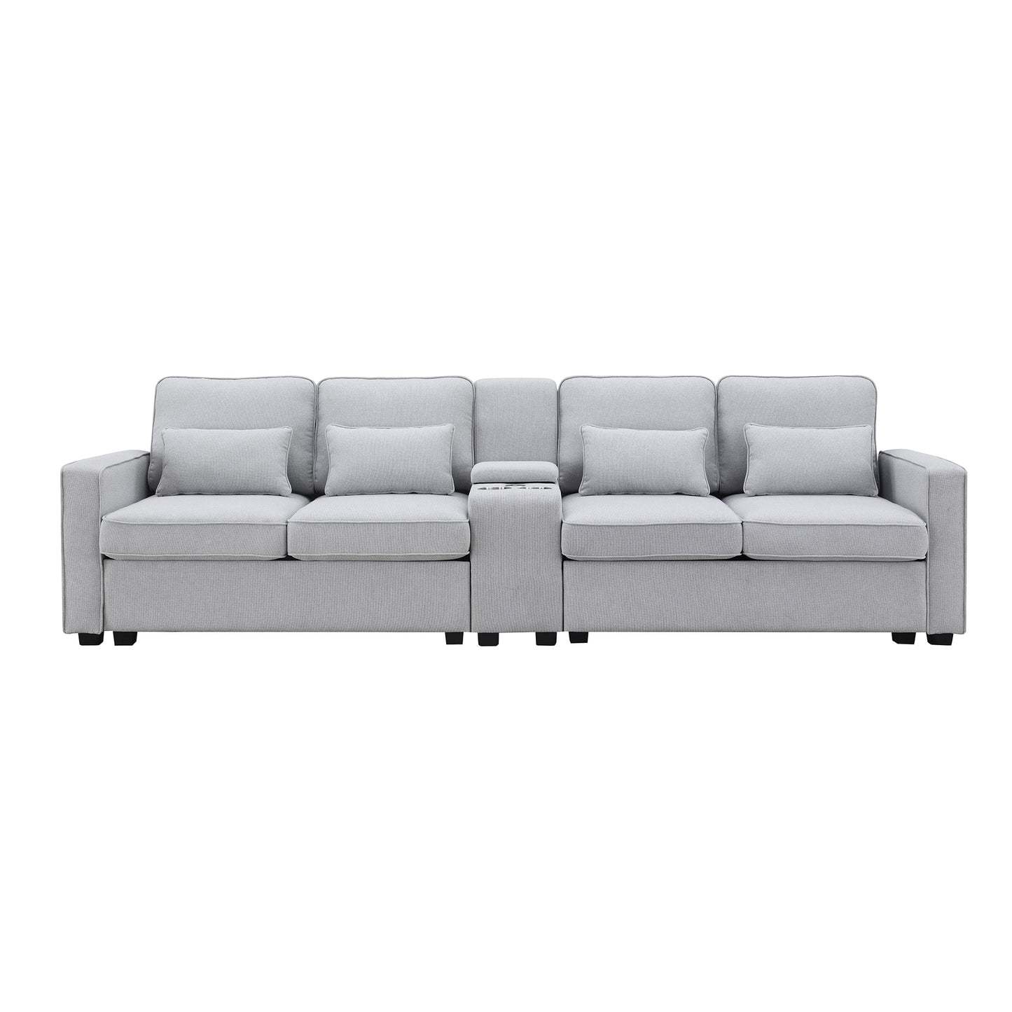 Light gray upholstered sectional sofa with builtin cupholders and plush cushions