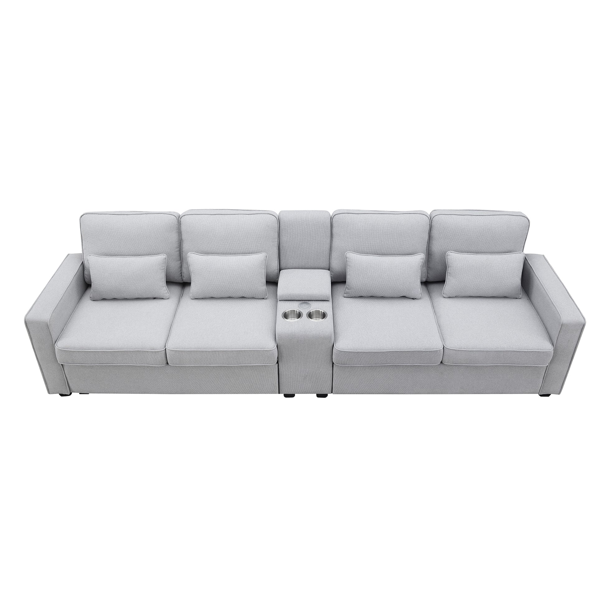 Light gray fabric modular sofa with builtin cup holders ideal for modern living rooms