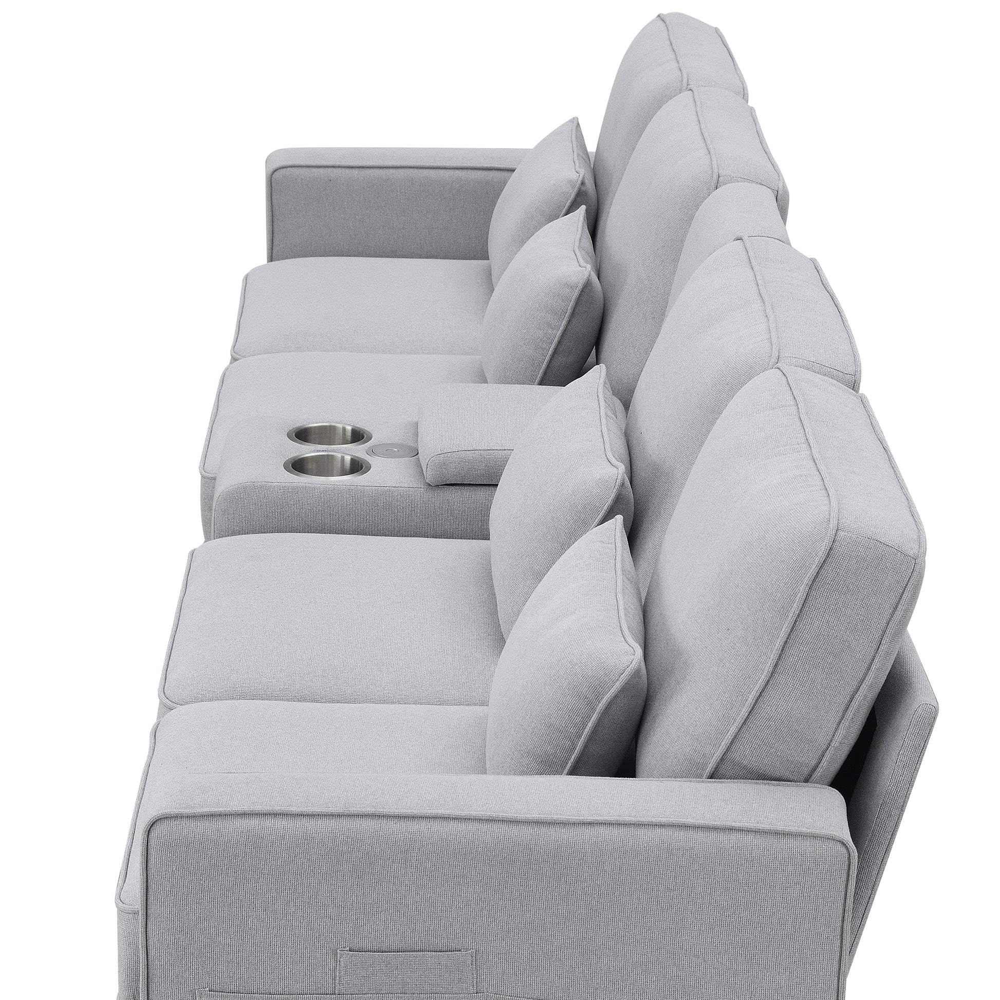 Light gray fabric sectional sofa with two stainless steel cup holders and comfortable plush cushions