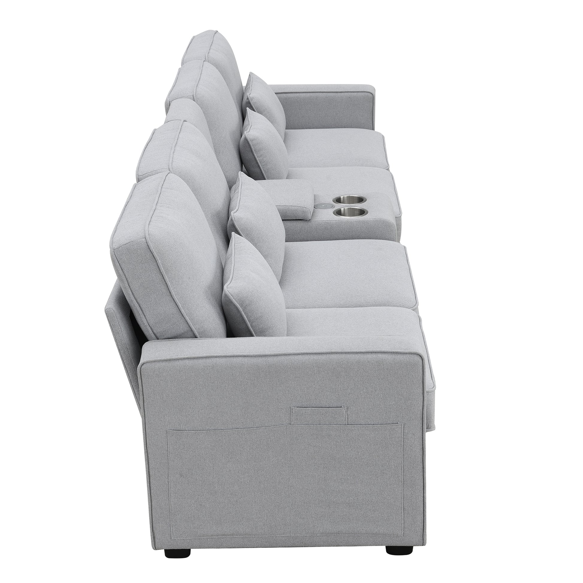 Light gray fabric sectional sofa with recliner and cup holders perfect for home theaters