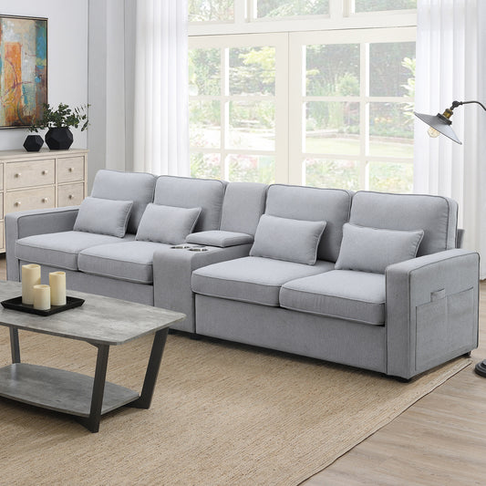 Gray fabric sectional sofa with builtin cup holders and lumbar pillows