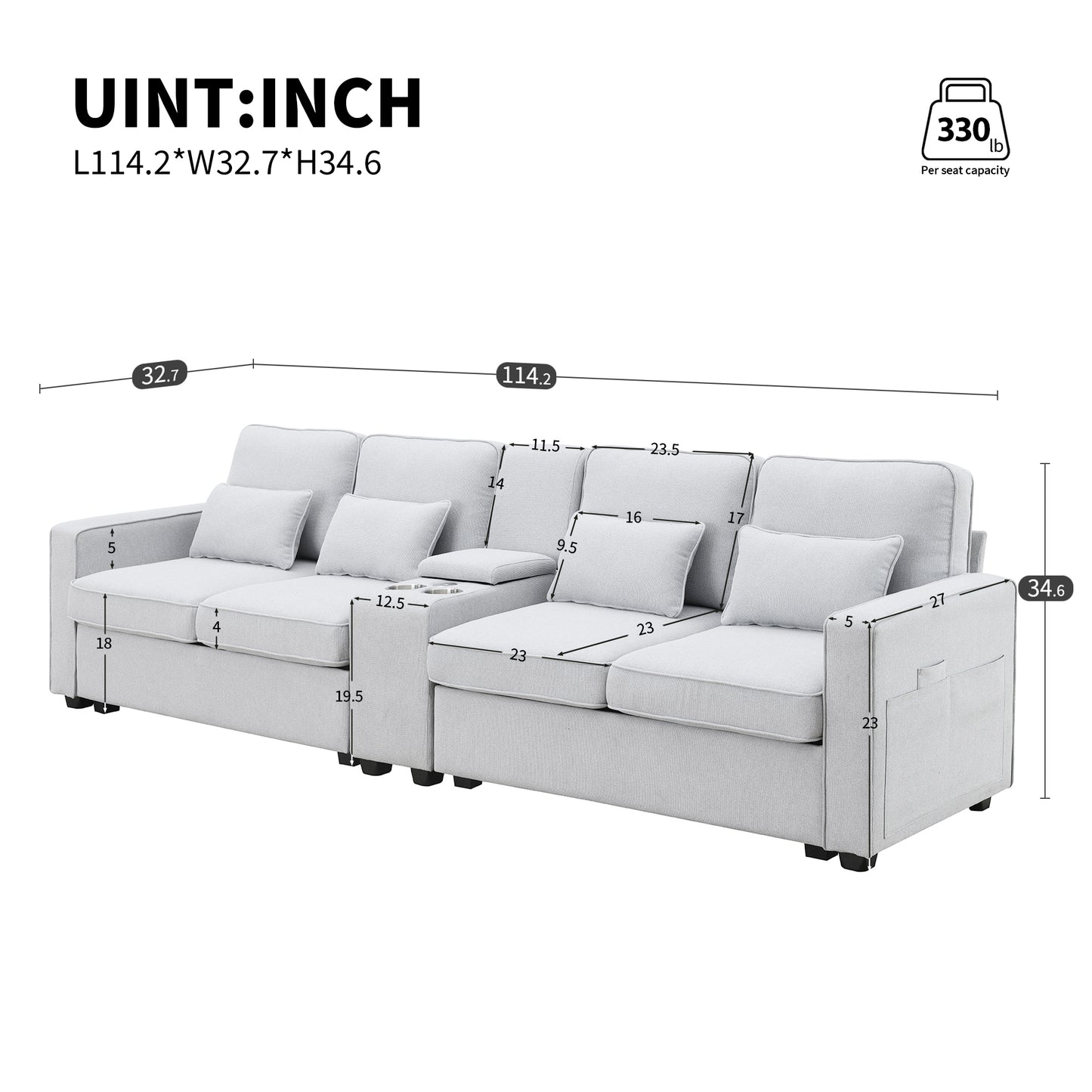 Light gray linen sectional sofa with modular seats cup holders and storage pockets