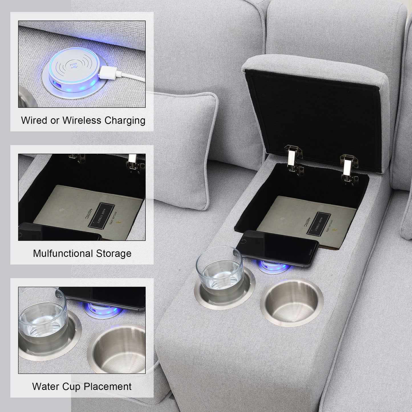 Gray fabric sectional sofa with integrated wireless charging pad for convenient device power