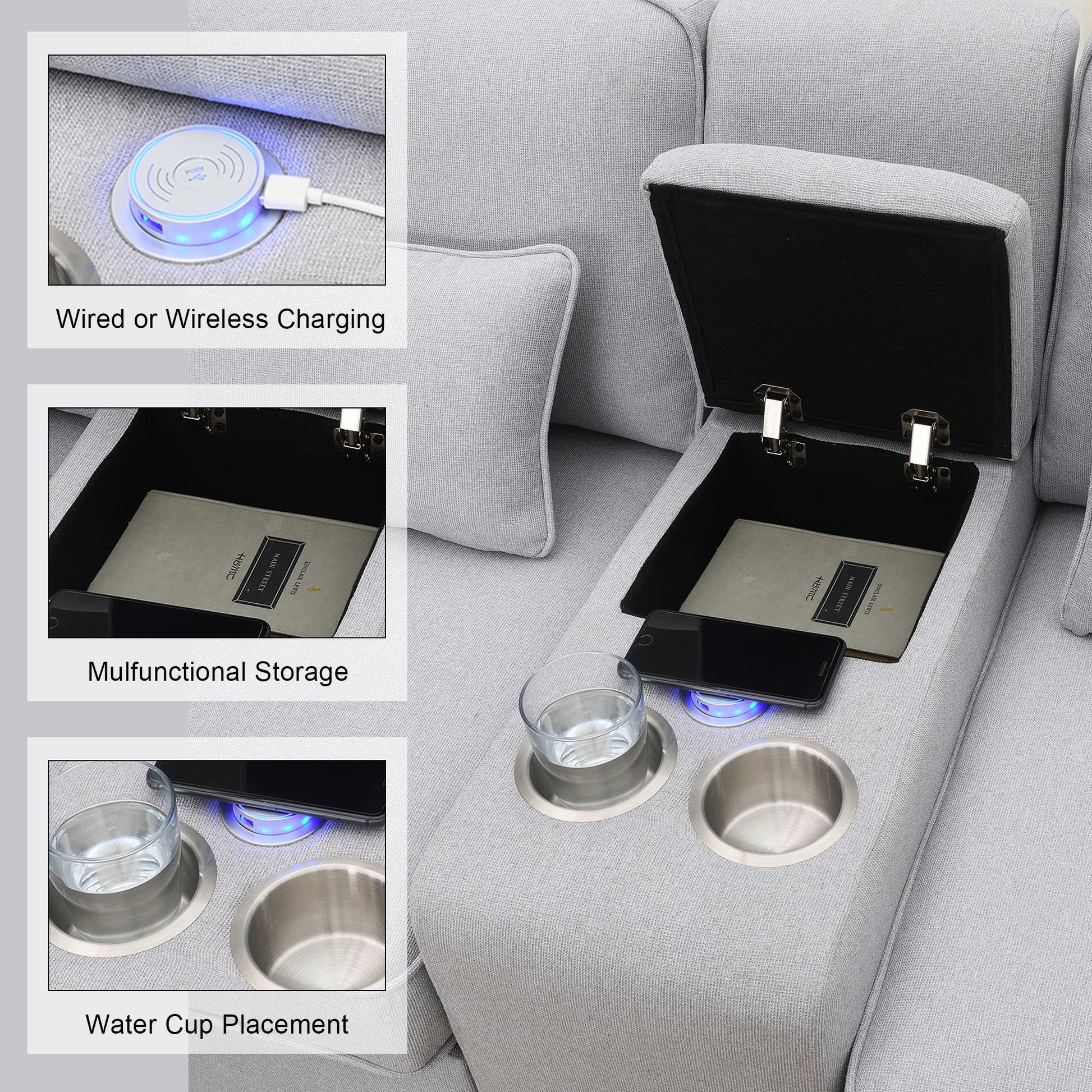 Gray fabric sectional sofa with integrated wireless charging pad for convenient device power