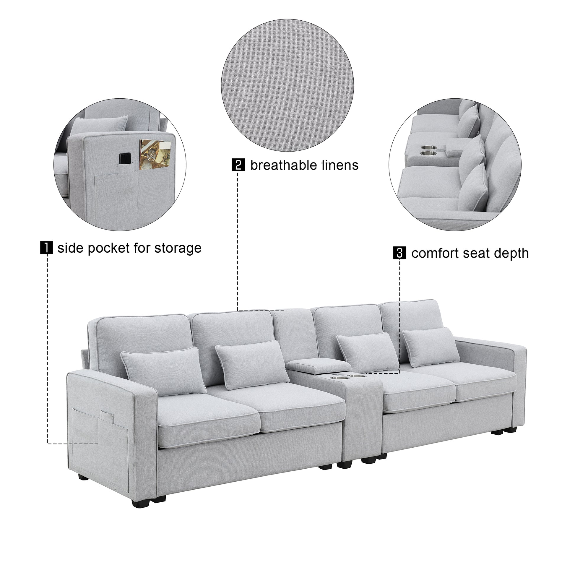 Light gray sofa with side pocket for storage and cup holders