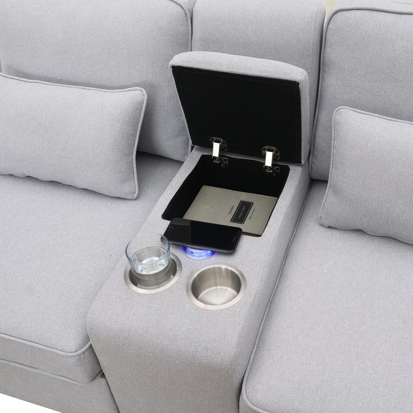 Gray fabric sectional sofa with builtin storage wireless charger and cup holders for modern living rooms