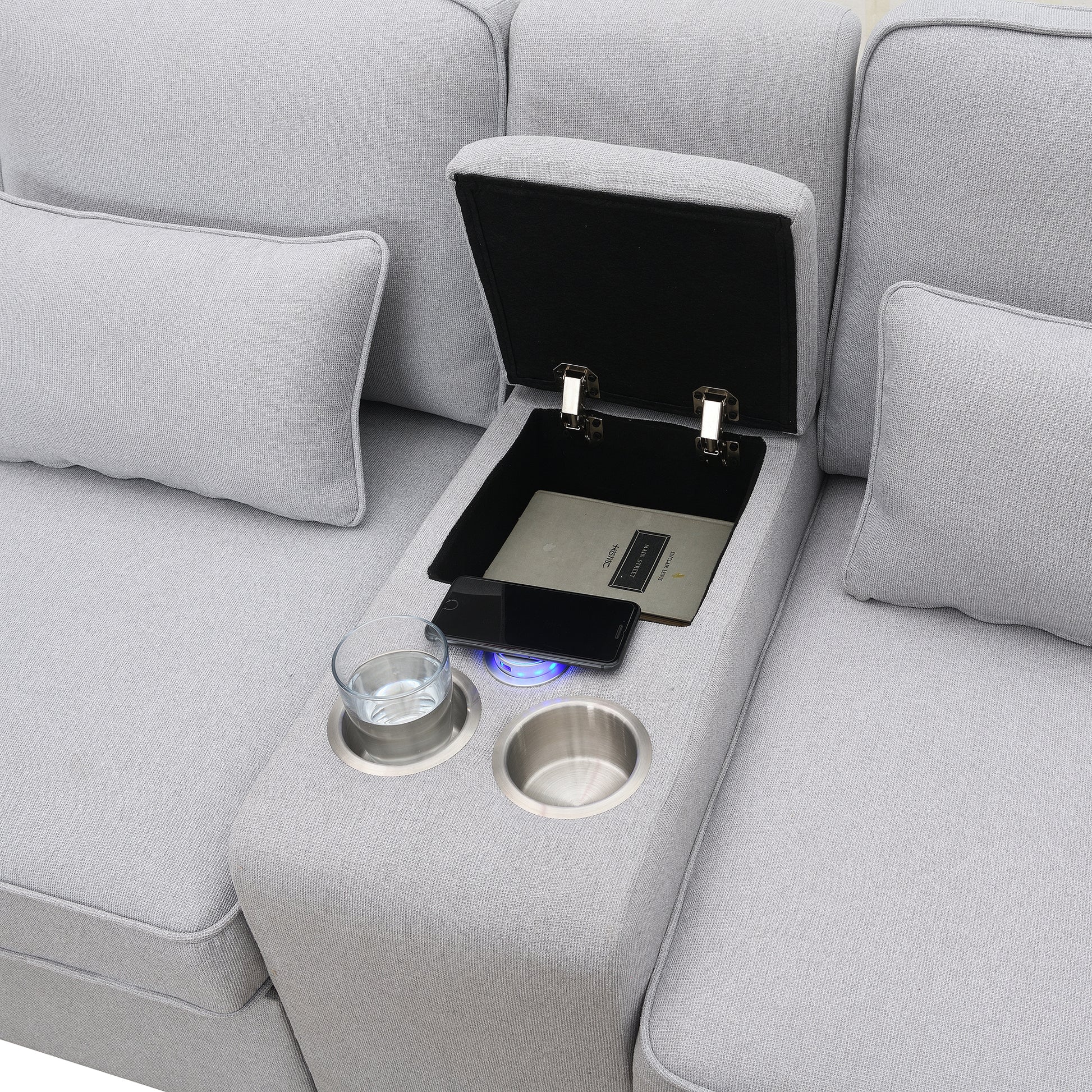 Gray fabric sectional sofa with builtin storage wireless charger and cup holders for modern living rooms