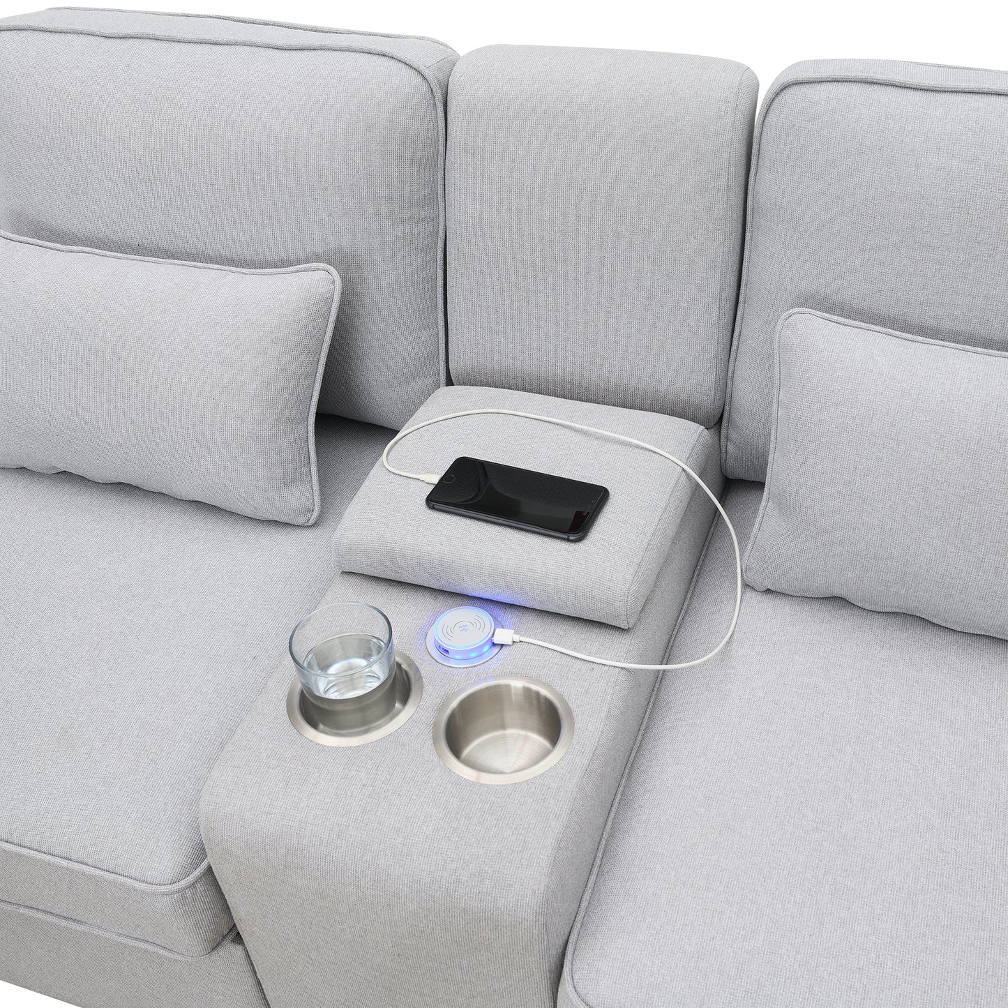 Grey sectional sofa with builtin wireless charging pad and cup holders