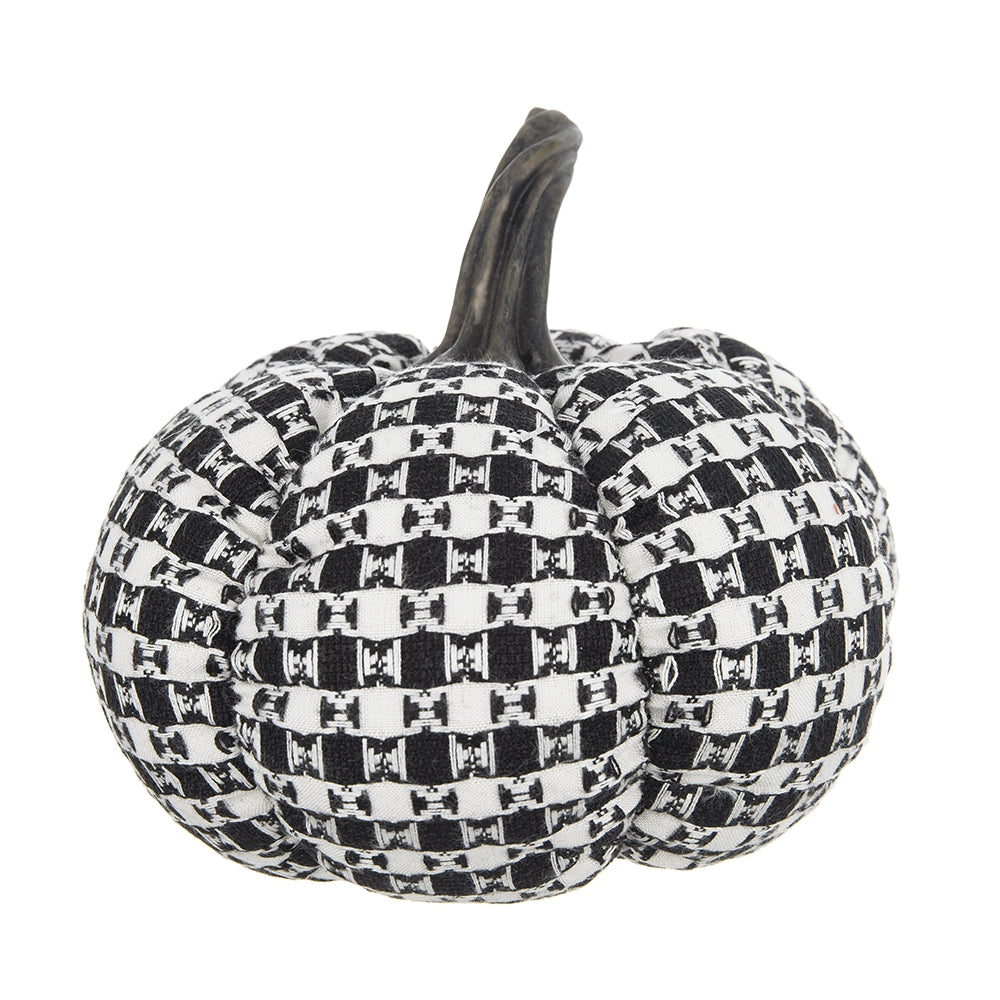Textured black and white woven pumpkin decoration with realistic stem