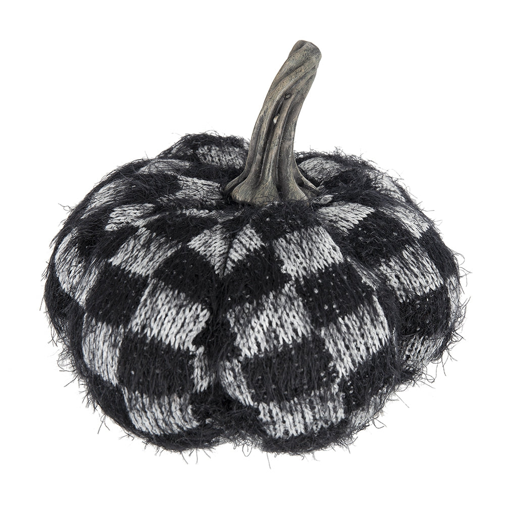 Black and white checkered knit pumpkin with realistic stem for Halloween decor