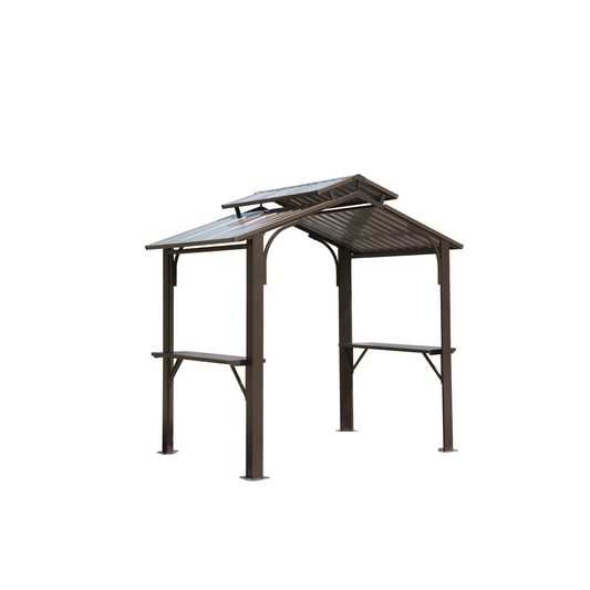 Brown metal outdoor gazebo with double roof and builtin counter shelves for entertaining