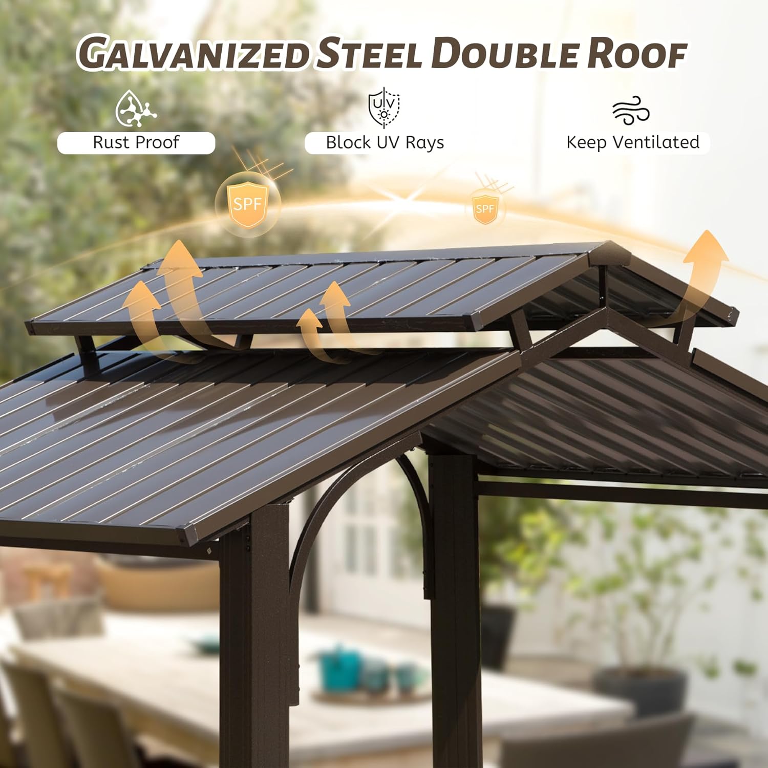 Galvanized steel double roof gazebo frame in dark brown offering rustproof protection for outdoor patios
