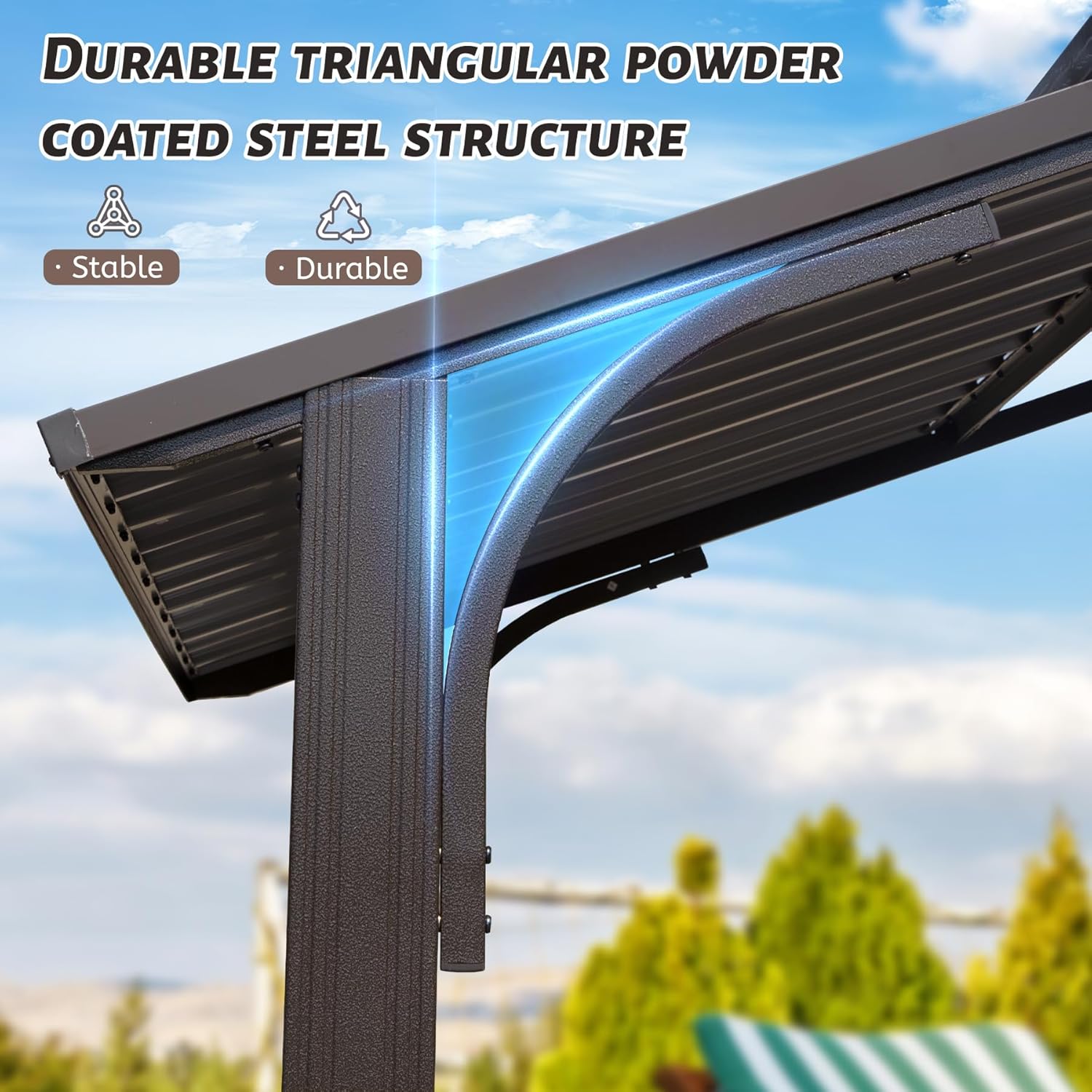 Dark grey powder coated steel structure with triangular support beam for gazebos