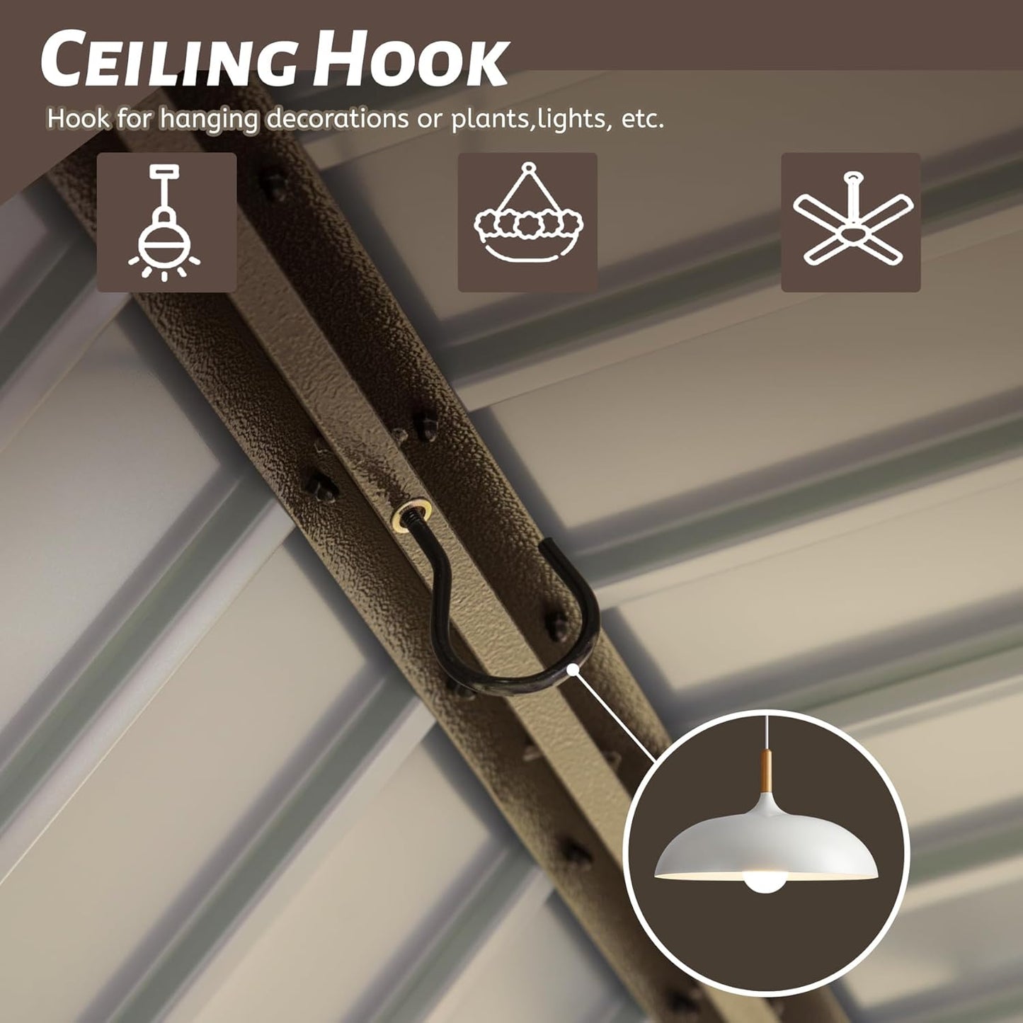Heavyduty ceiling hook in dark metal ideal for hanging lights or plants