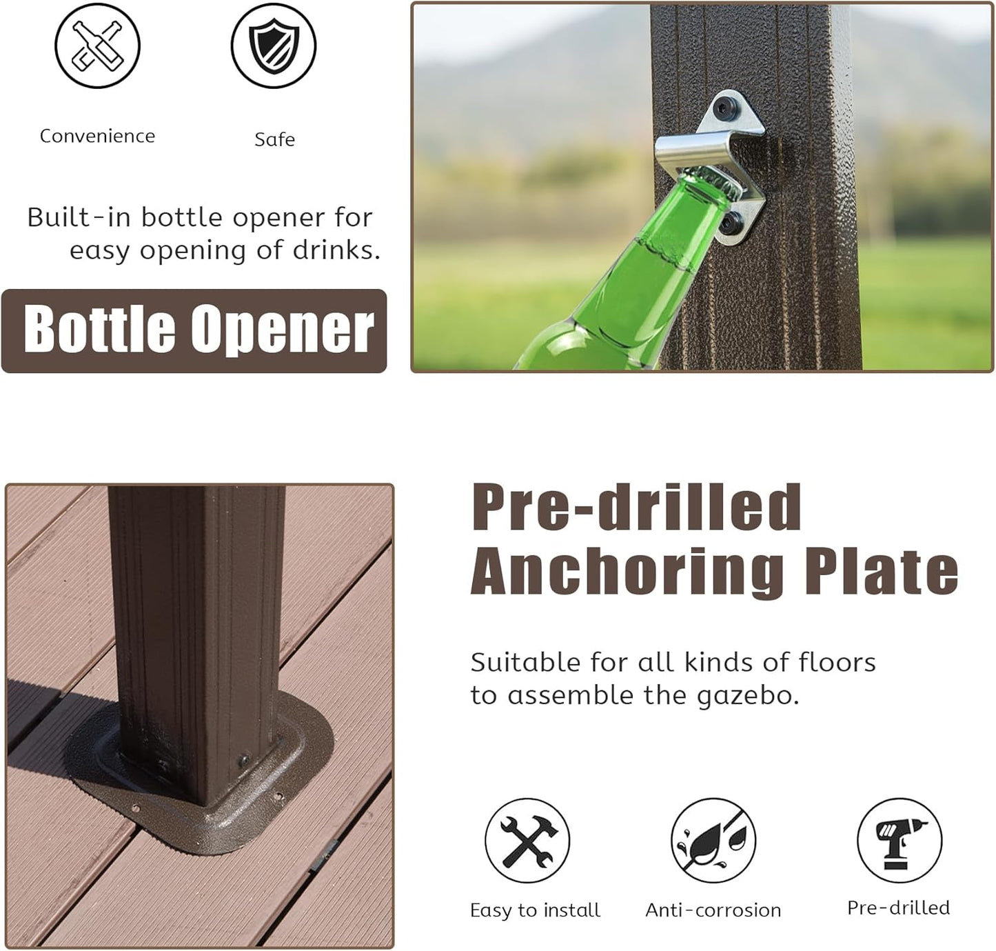 Brown metal bottle opener attached to a dark brown gazebo post opening a green glass bottle