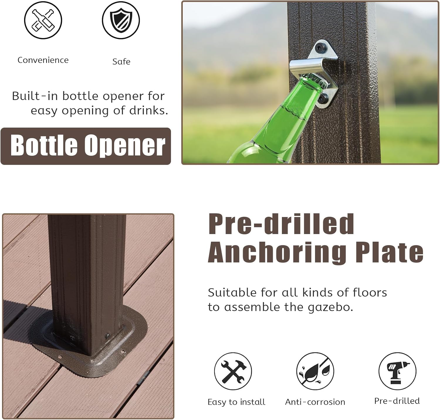 Brown metal bottle opener attached to a dark brown gazebo post opening a green glass bottle