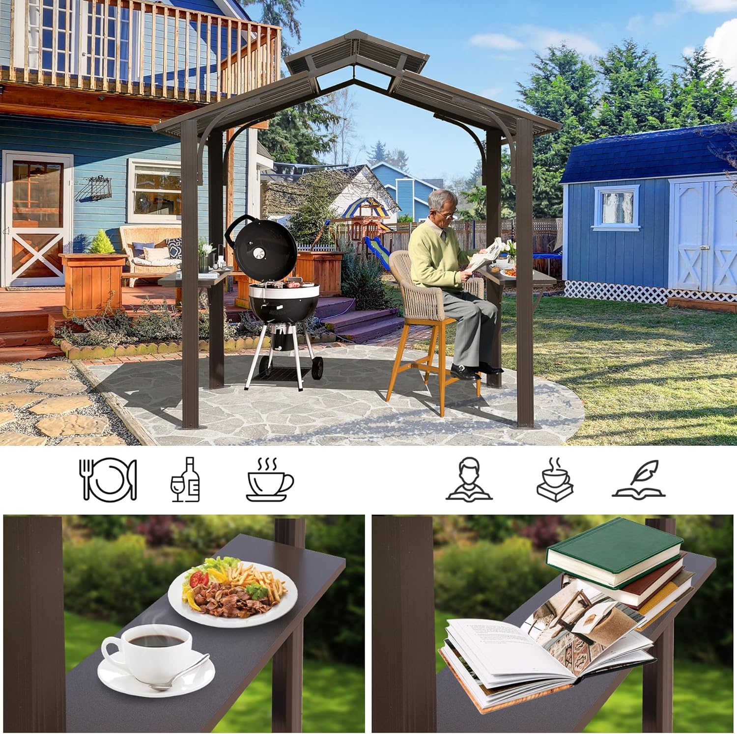 Brown metal gazebo with a grill and seating area for outdoor entertaining