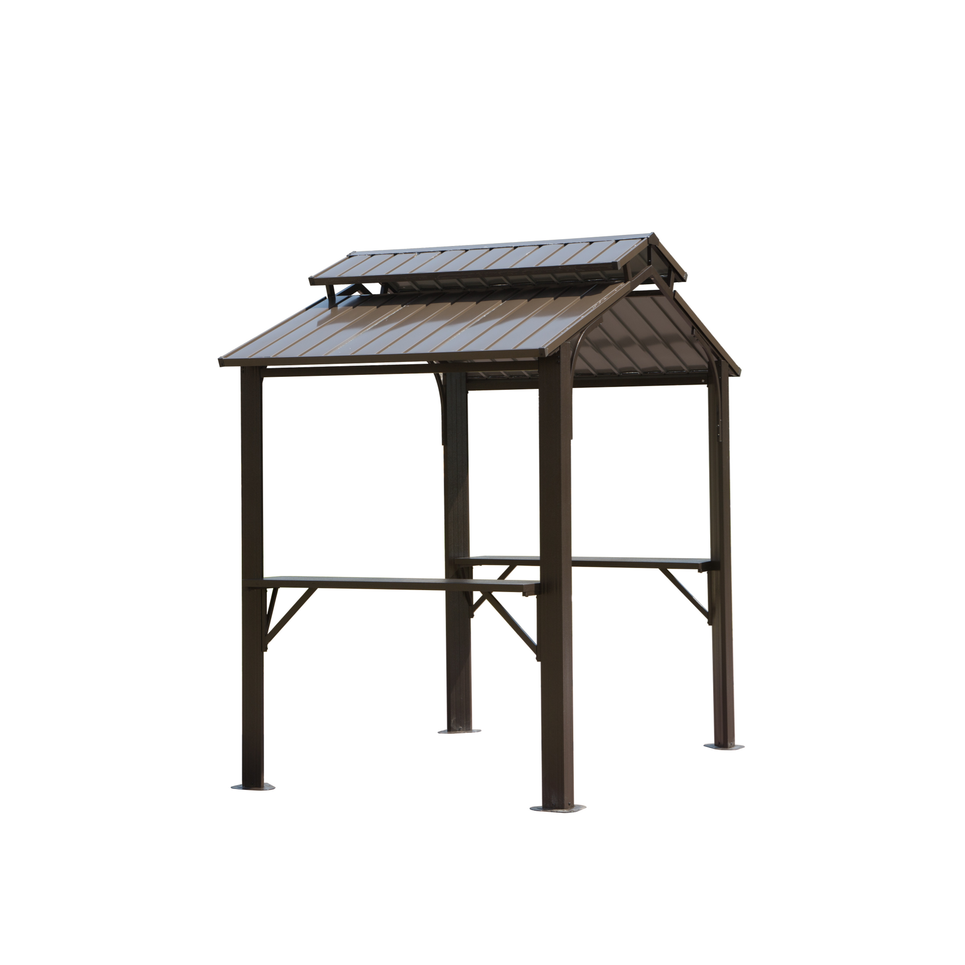 Brown metal gazebo with pitched roof and two serving shelves ideal for outdoor events