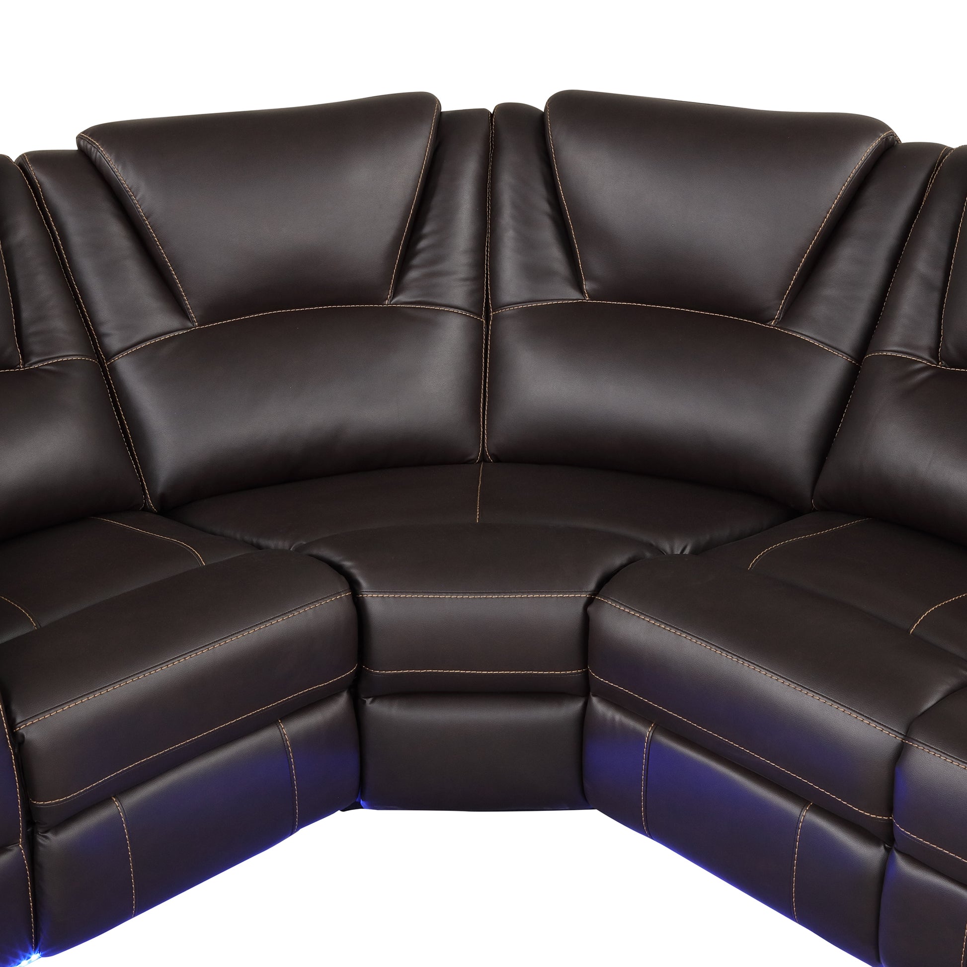 Dark brown faux leather sectional sofa with contrast stitching and blue LED accent lighting for modern living rooms