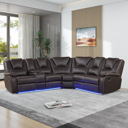 Dark brown leather sectional sofa with builtin cup holders and blue LED accent lighting