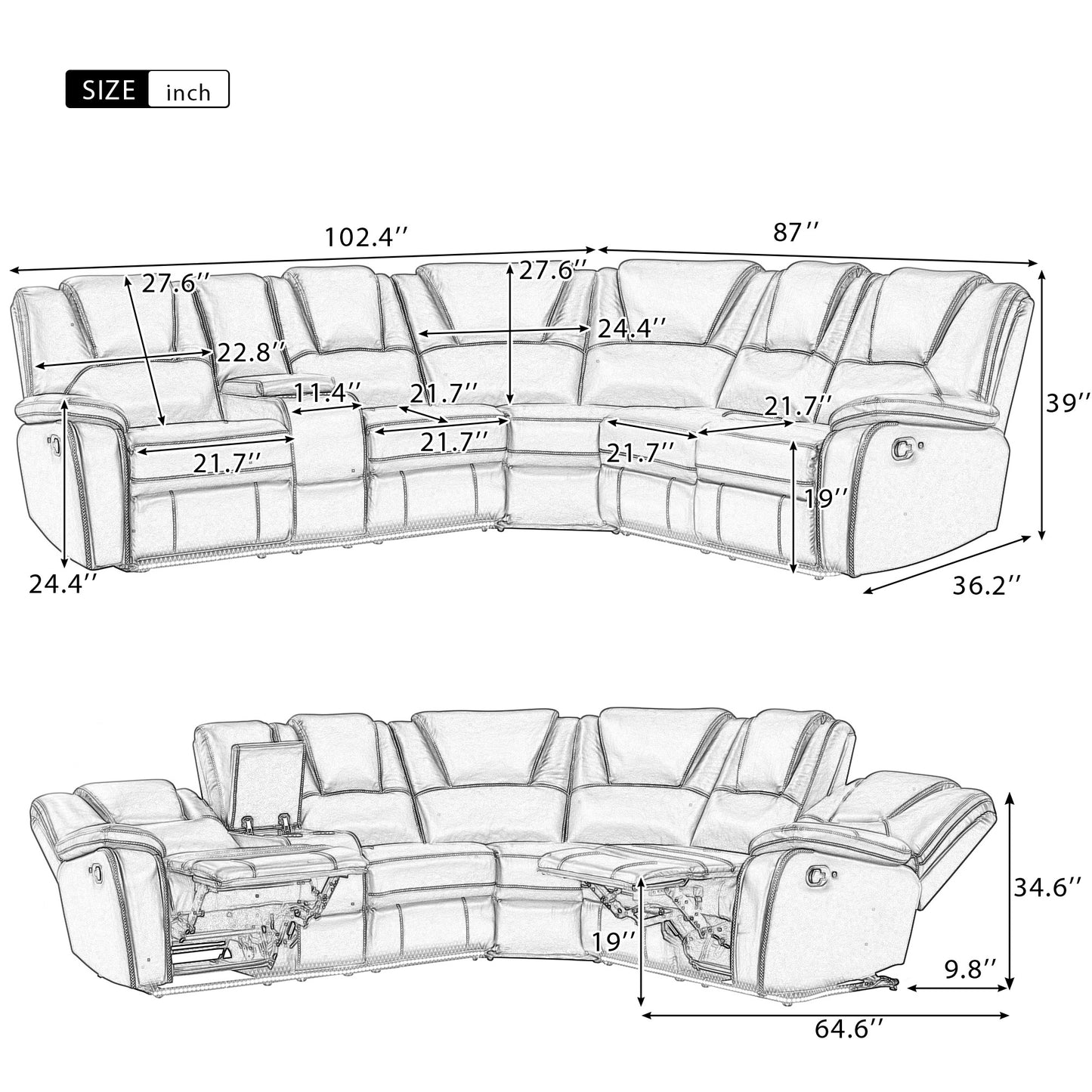 Sketch of a large sectional reclining sofa with dimensions displayed