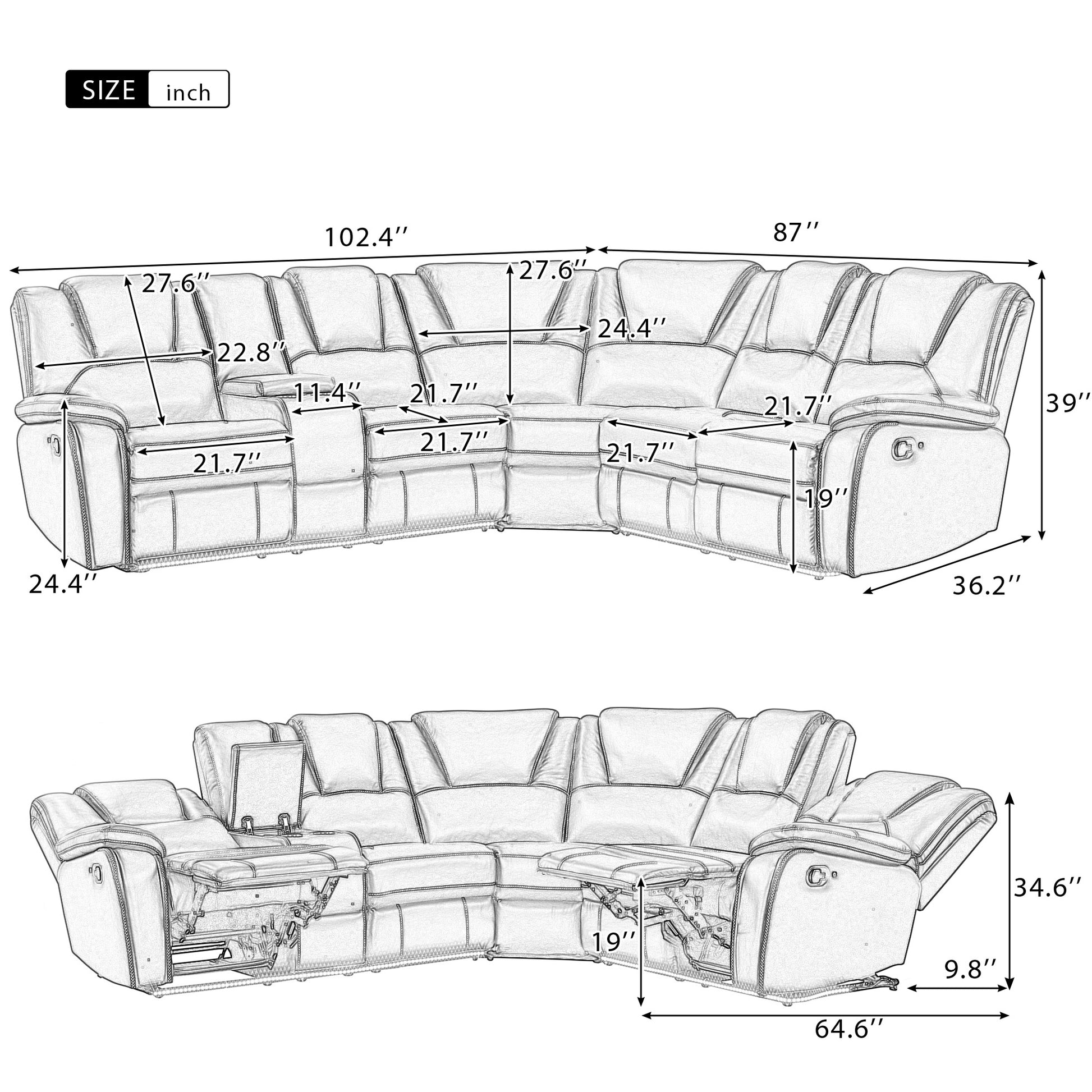 Sketch of a large sectional reclining sofa with dimensions displayed