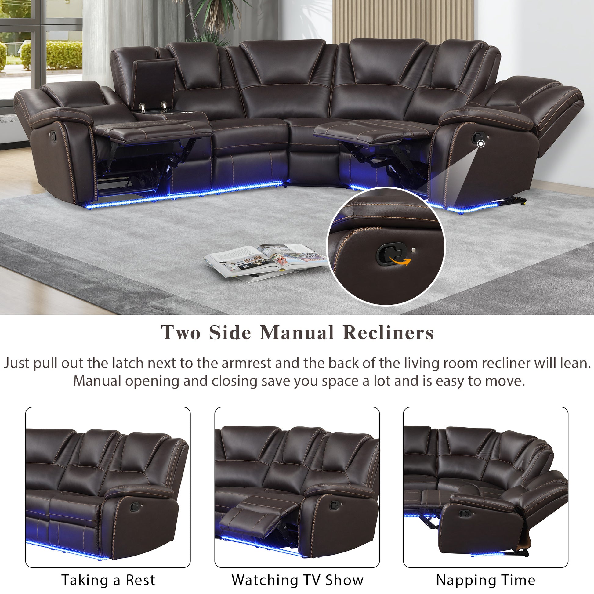 Dark brown leather sectional sofa with manual recliners and blue LED lights underneath