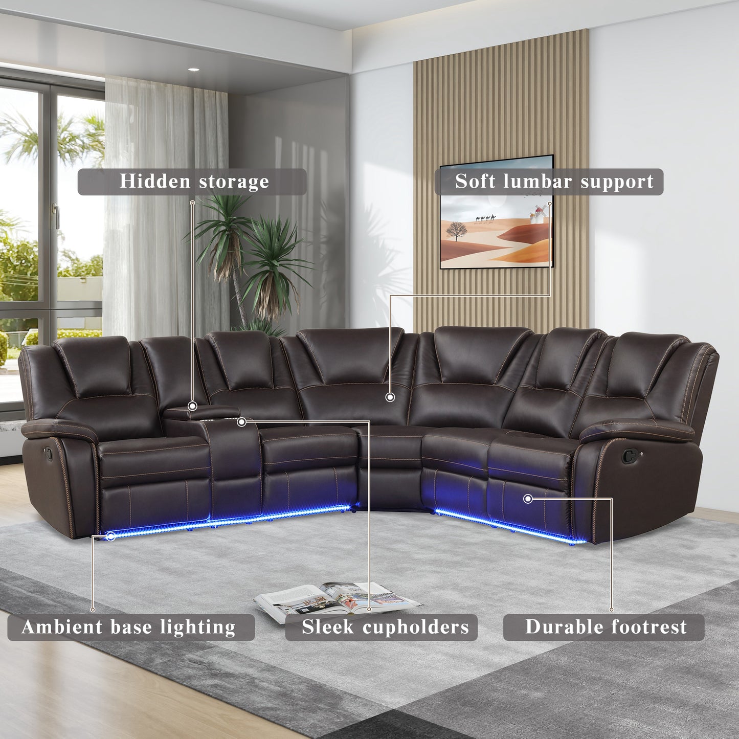 Spacious brown leather sectional sofa with plush cushioning and ambient base lighting