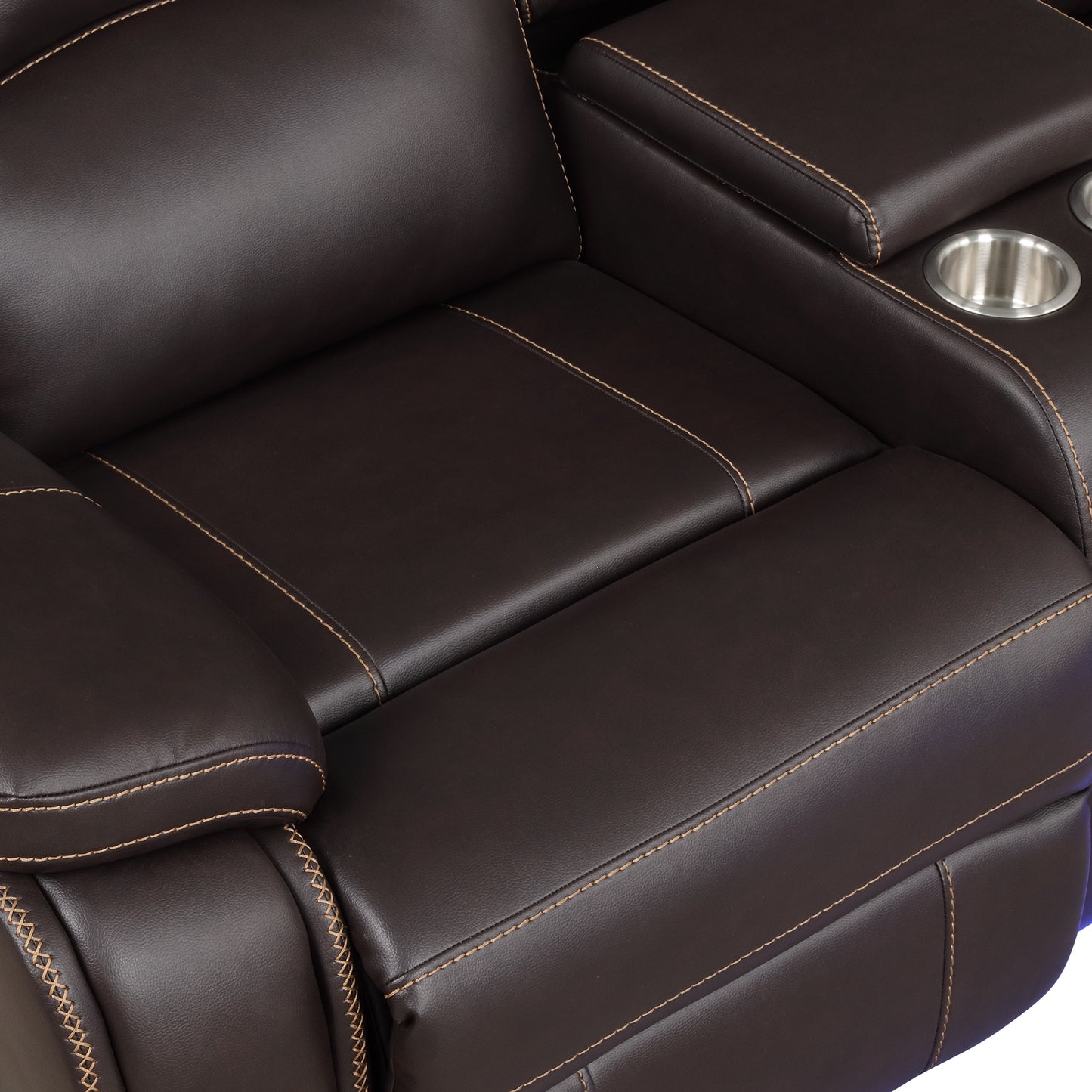 Dark brown leather reclining chair seat with contrast stitching and cup holders
