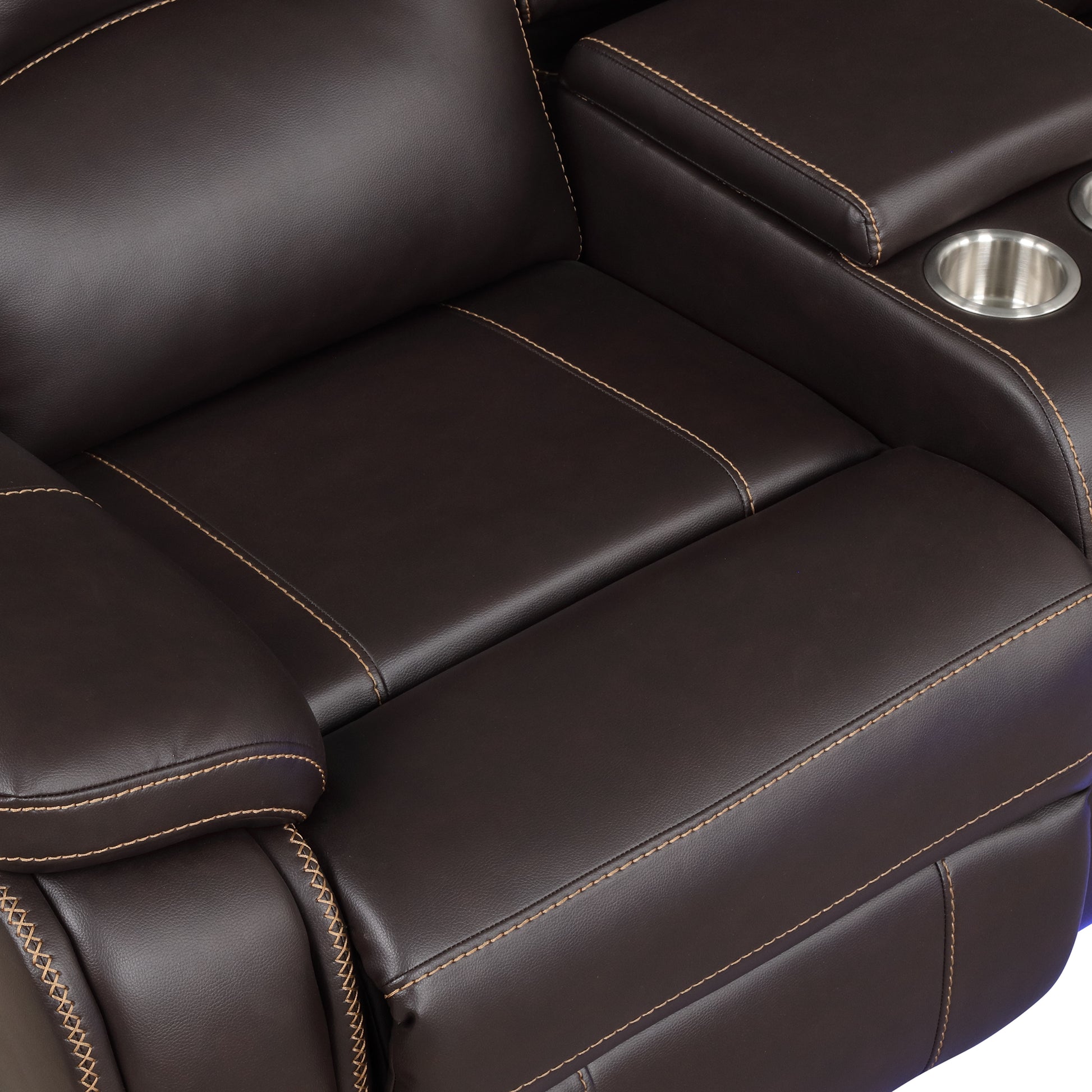 Dark brown leather reclining chair seat with contrast stitching and cup holders