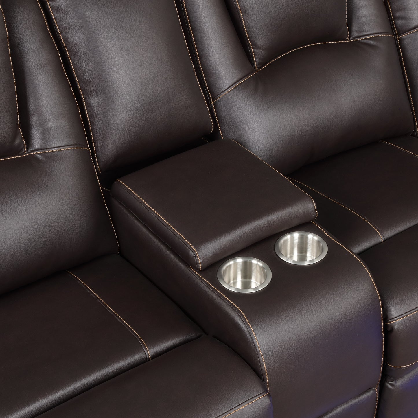 Dark brown leather recliner sofa with chrome cup holders and contrast stitching