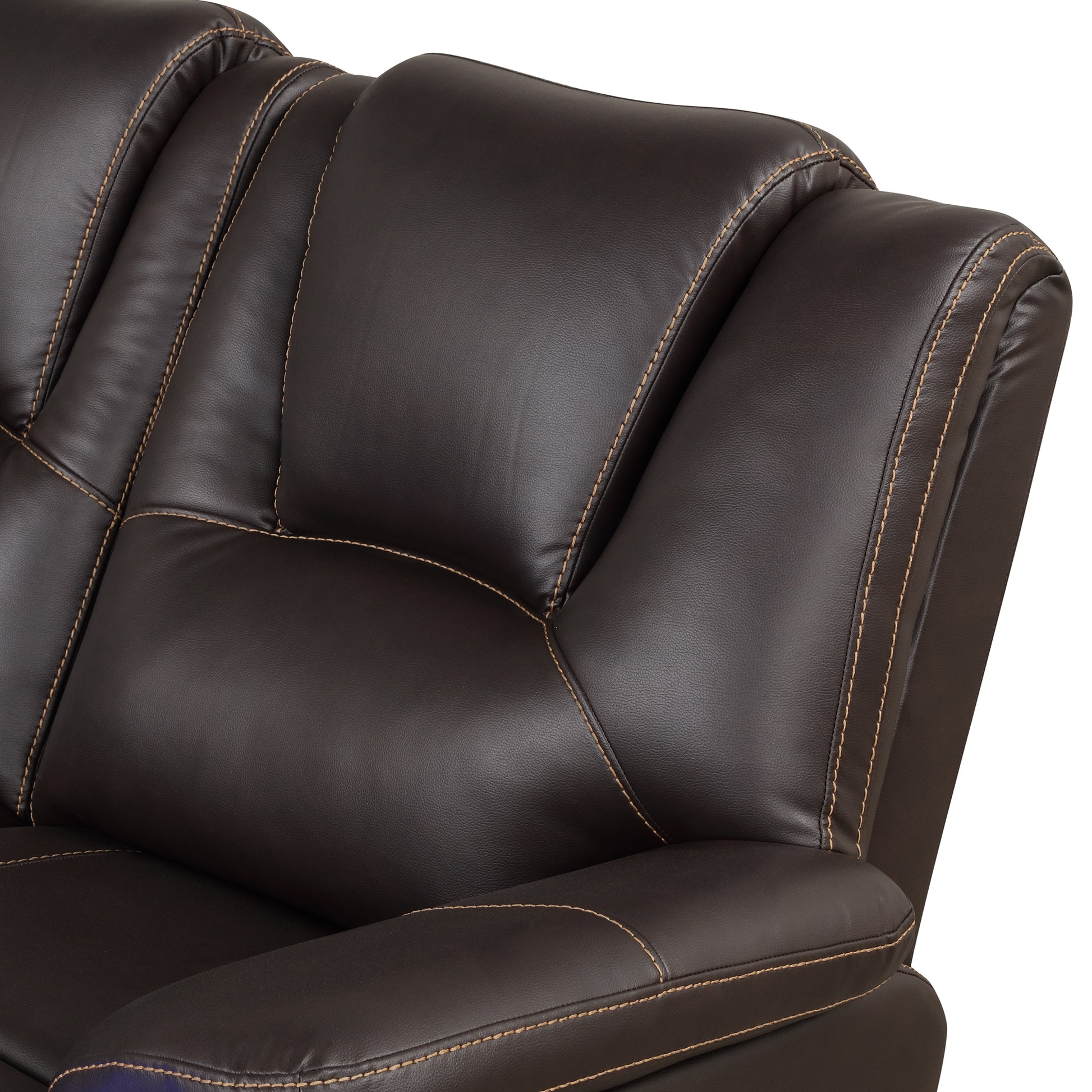 Closeup of a dark brown faux leather reclining sofa with contrast stitching on the headrest and armrest for a luxurious feel