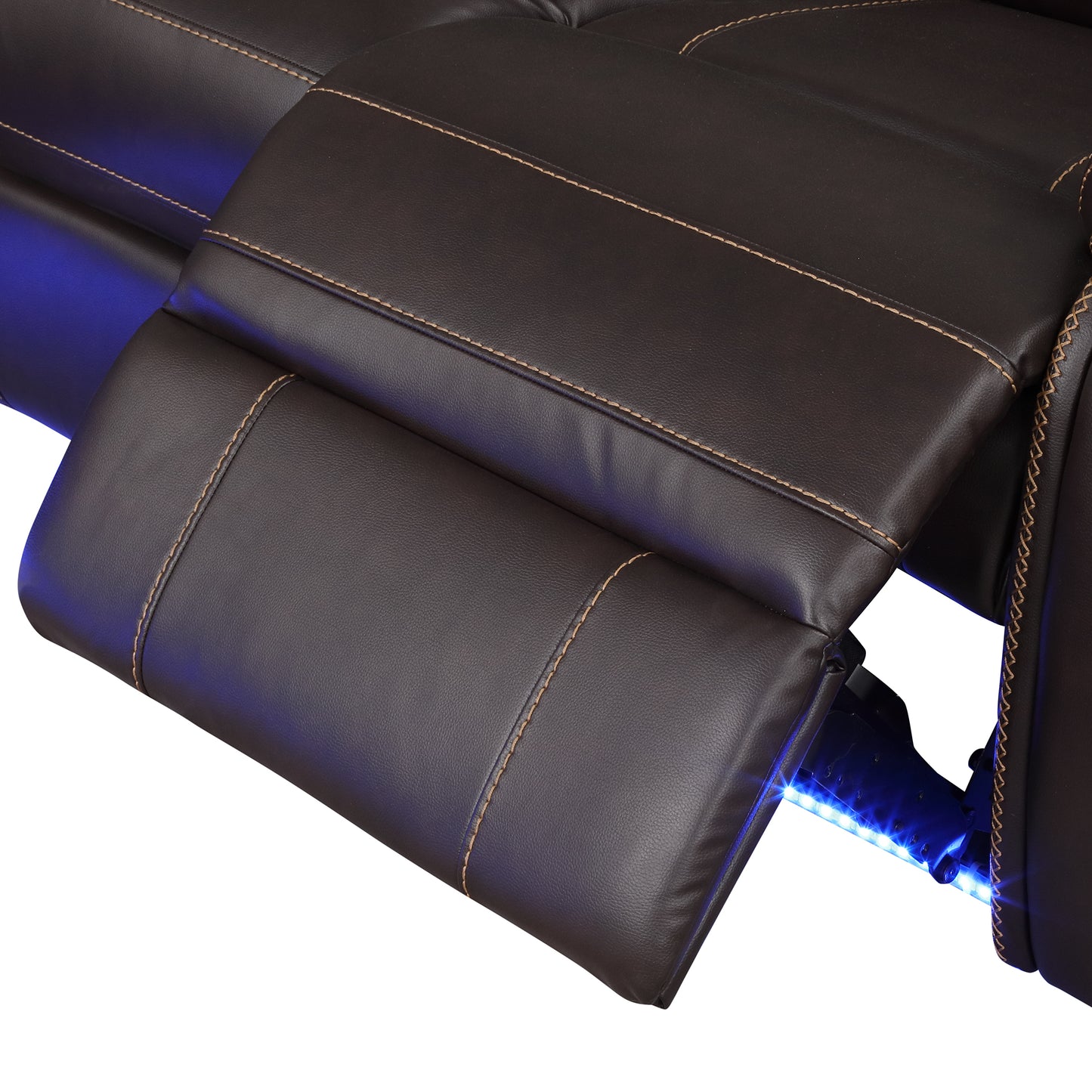 Close up of brown leather recliner with blue LED accent lighting and contrast stitching