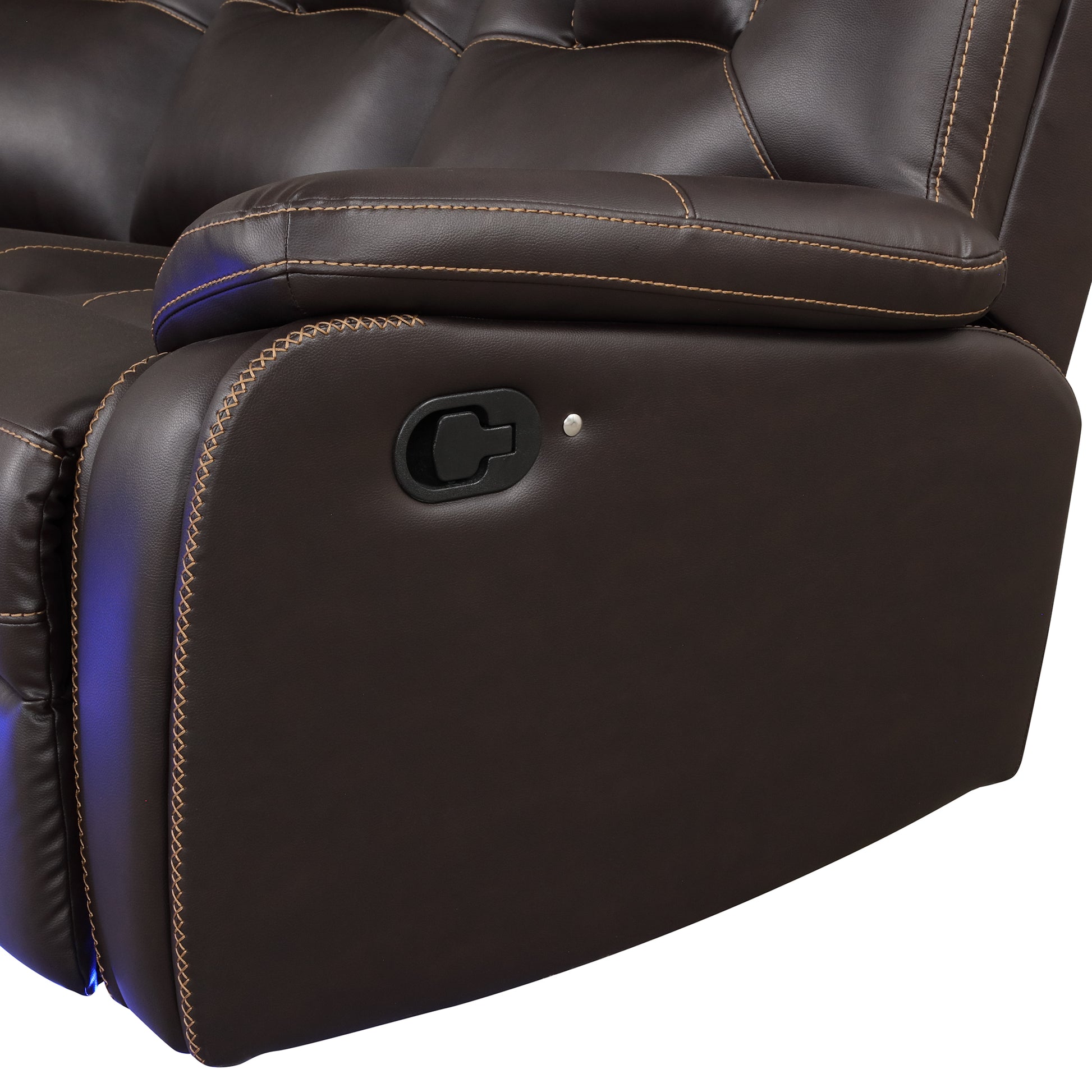 Brown leather recliner side with exposed stitching and lever mechanism