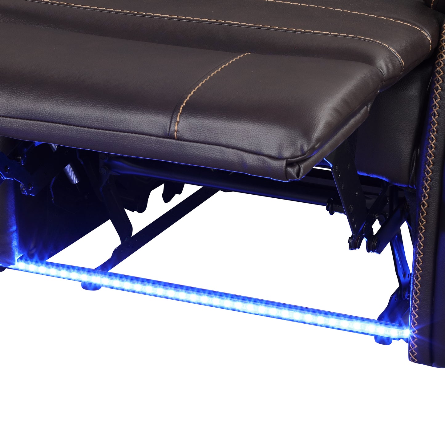 Dark brown faux leather recliner with illuminated blue LED base accent