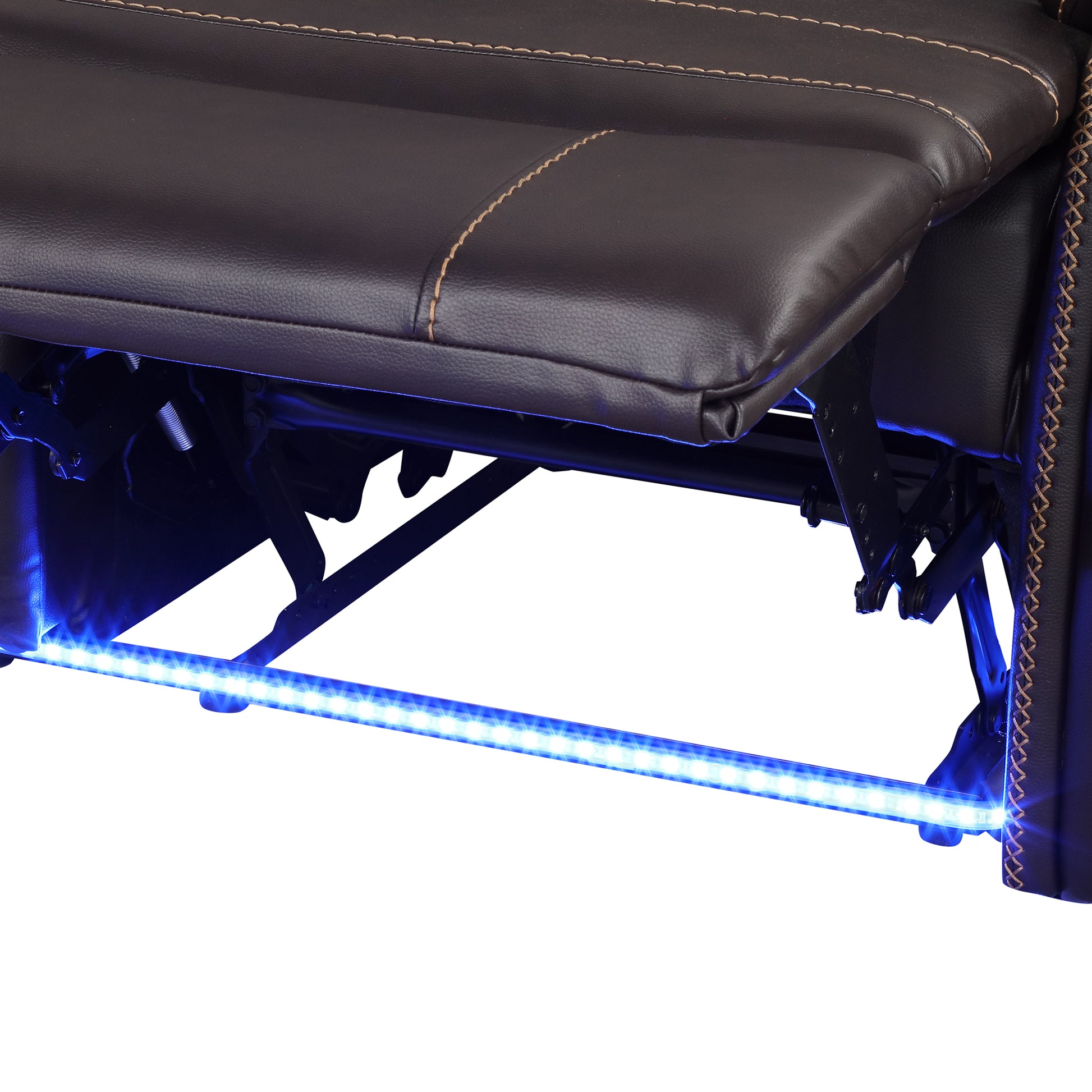 Dark brown faux leather recliner with illuminated blue LED base accent