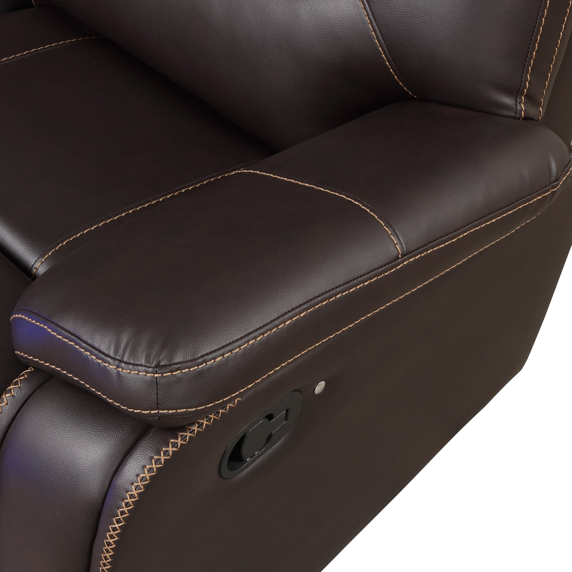 Dark brown leather recliner armrest with contrasting stitching detail and lever mechanism