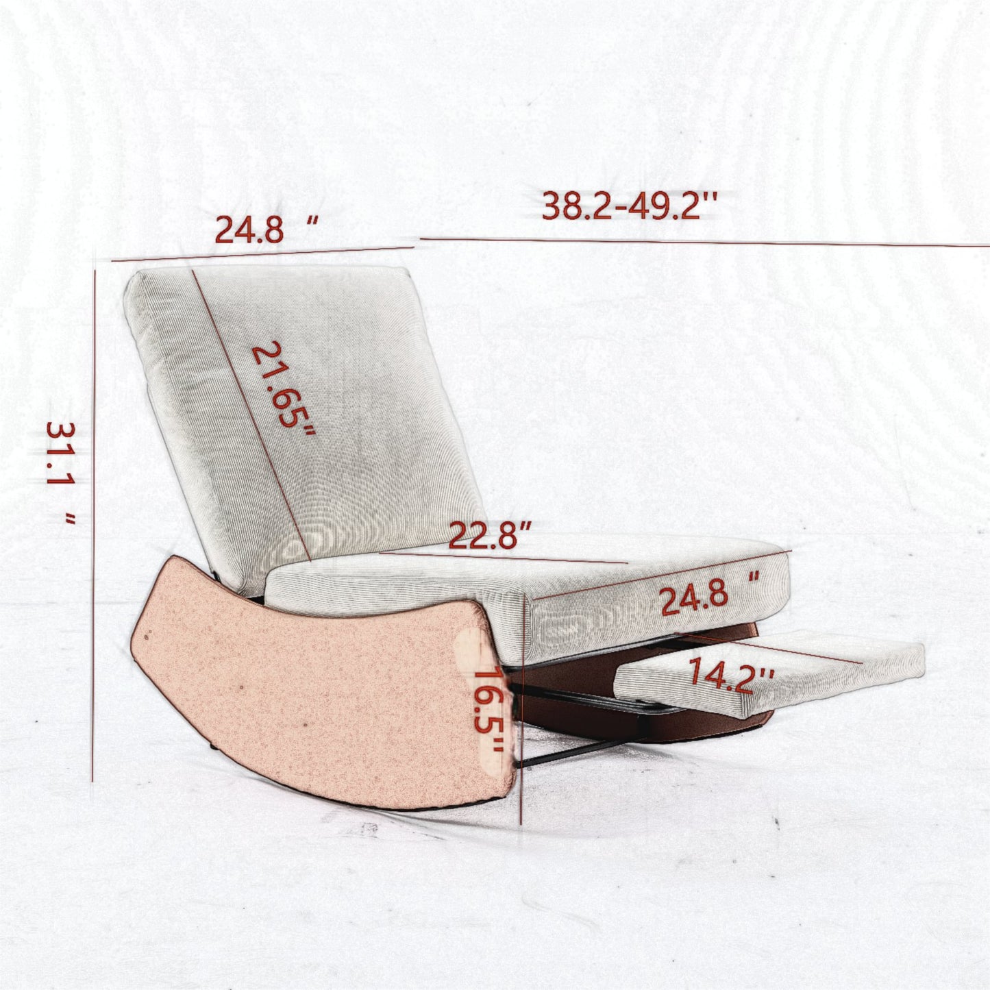 Comfortable upholstered rocking chair with padded seat and backrest dimensions indicated