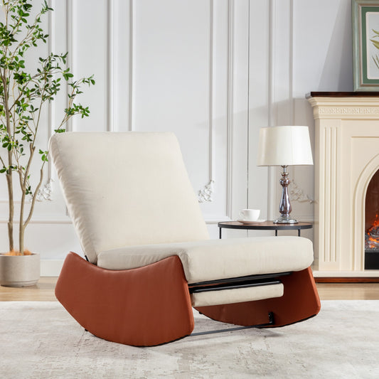 Cream corduroy upholstered rocking chair with faux leather base