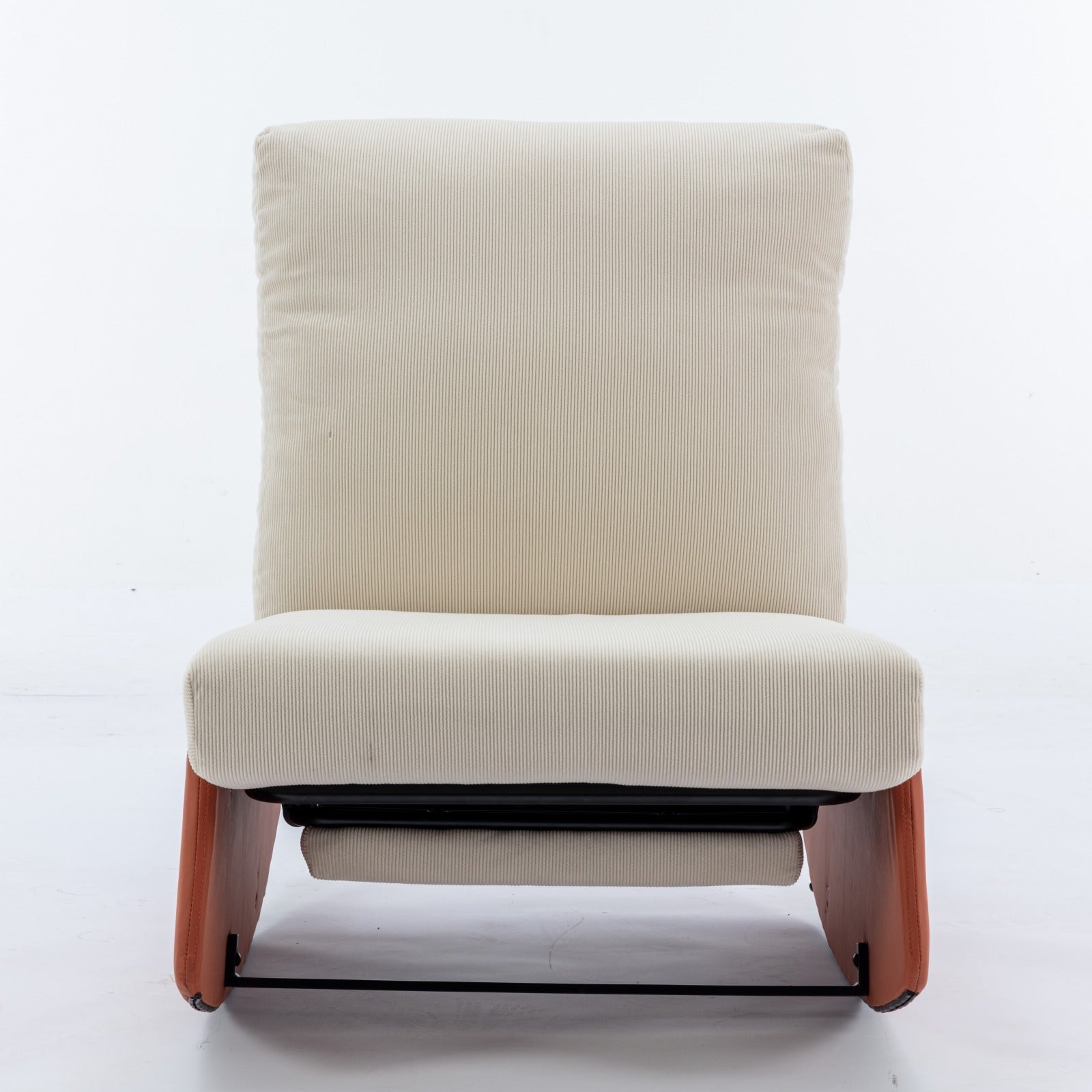 Beige corduroy recliner chair with woodeffect sides and black metal frame