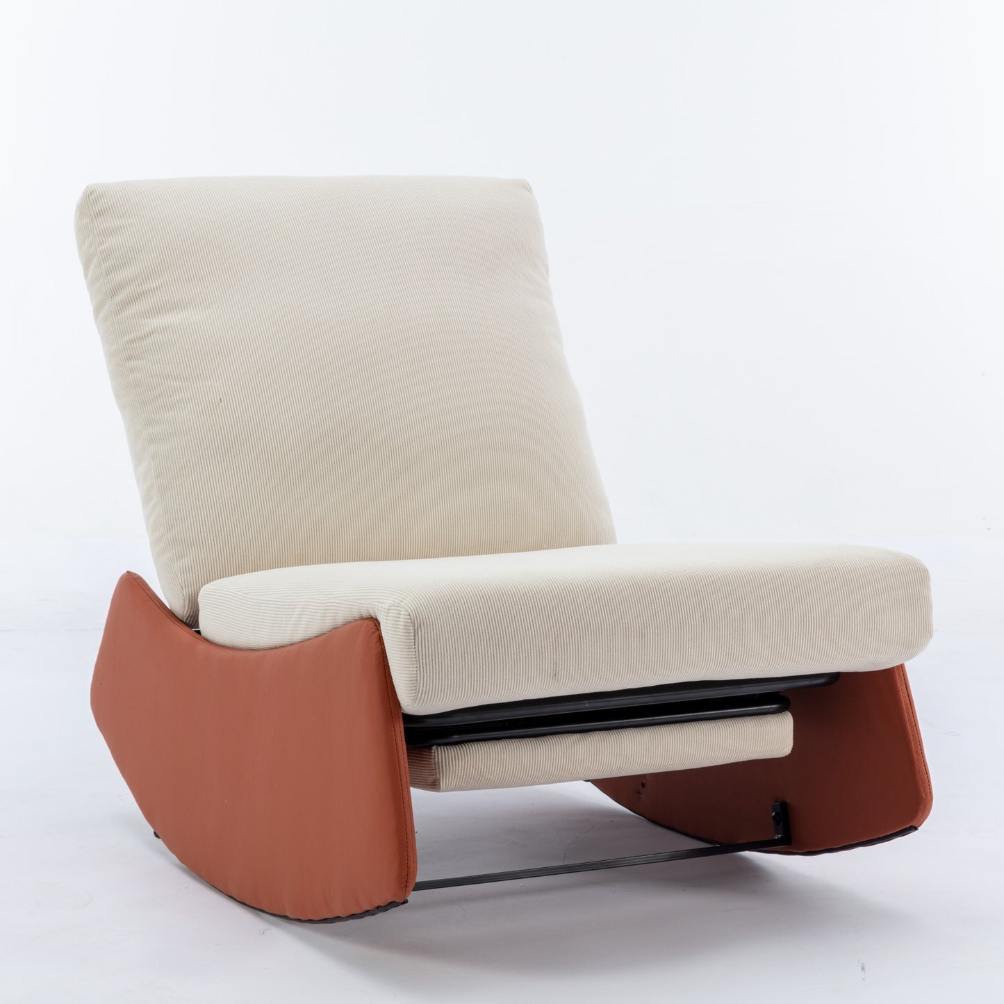 Cream corduroy rocking chair with burnt orange leather accents and black metal frame