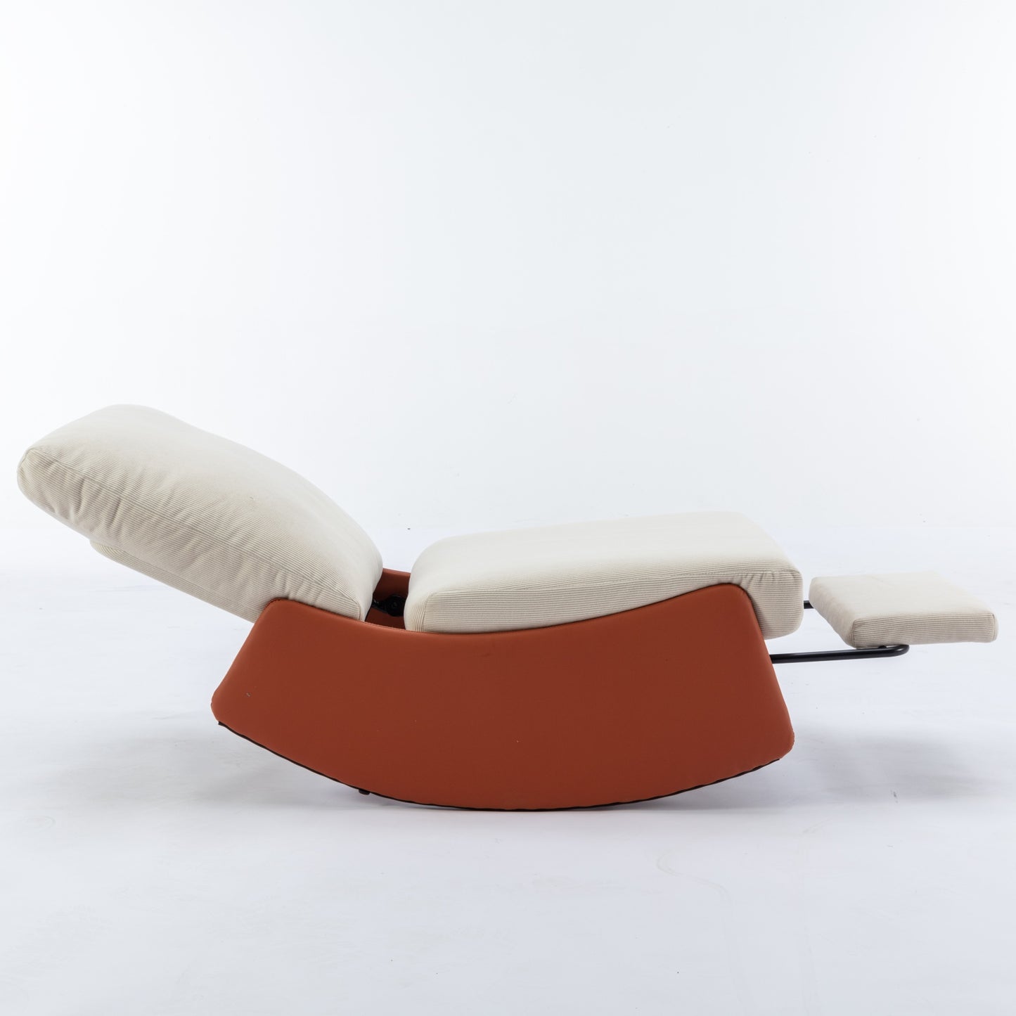 Modern accent recliner chair with rustorange base and cream corduroy cushions