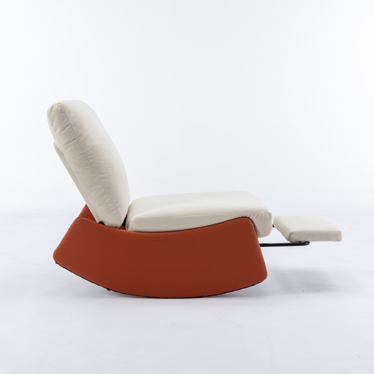 Modern rocking recliner with cream corduroy upholstery and orange base