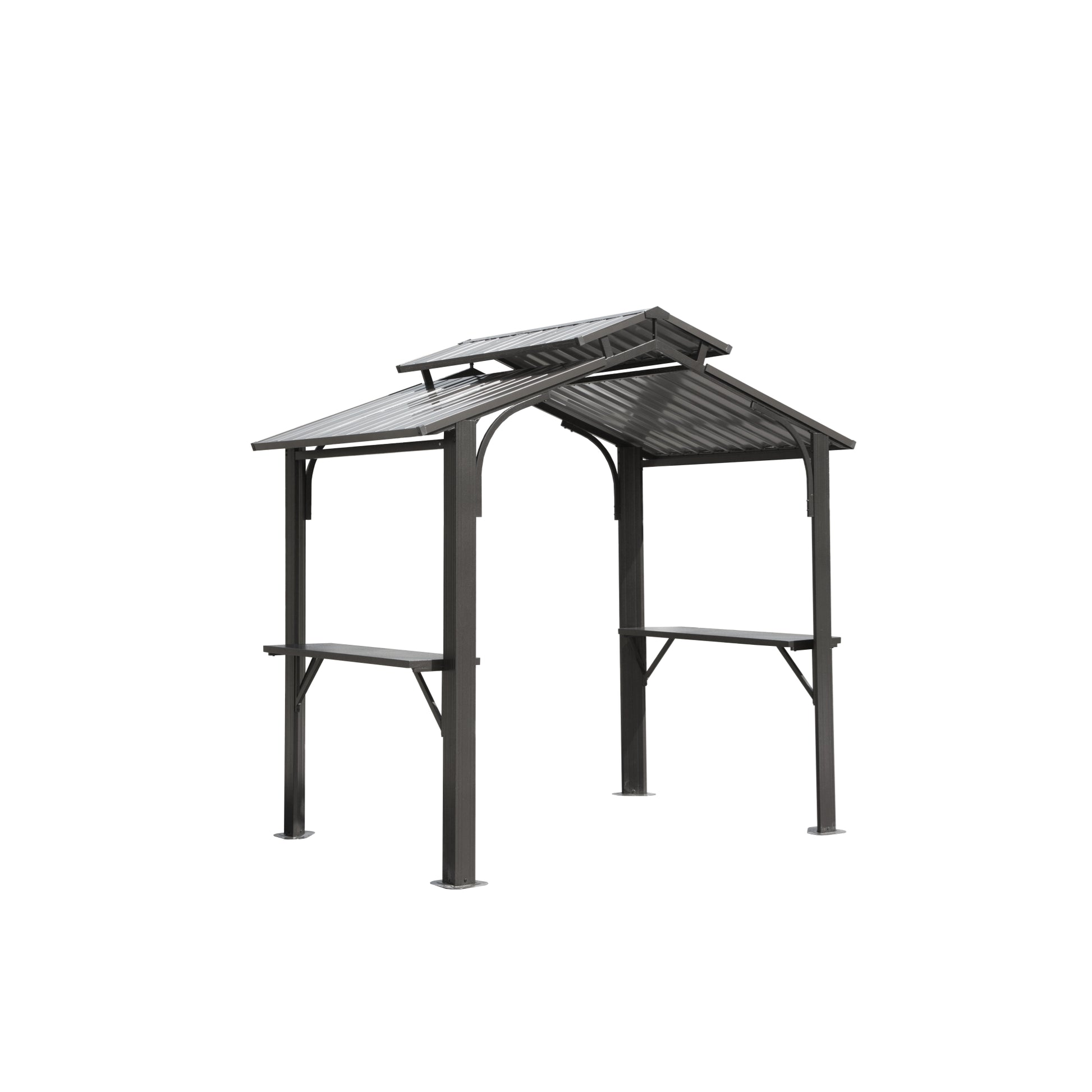 Dark gray metal gazebo with dualtier roof and two side serving counters
