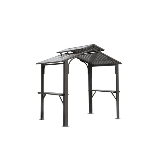 Dark gray metal gazebo with dualtier roof and two side serving counters